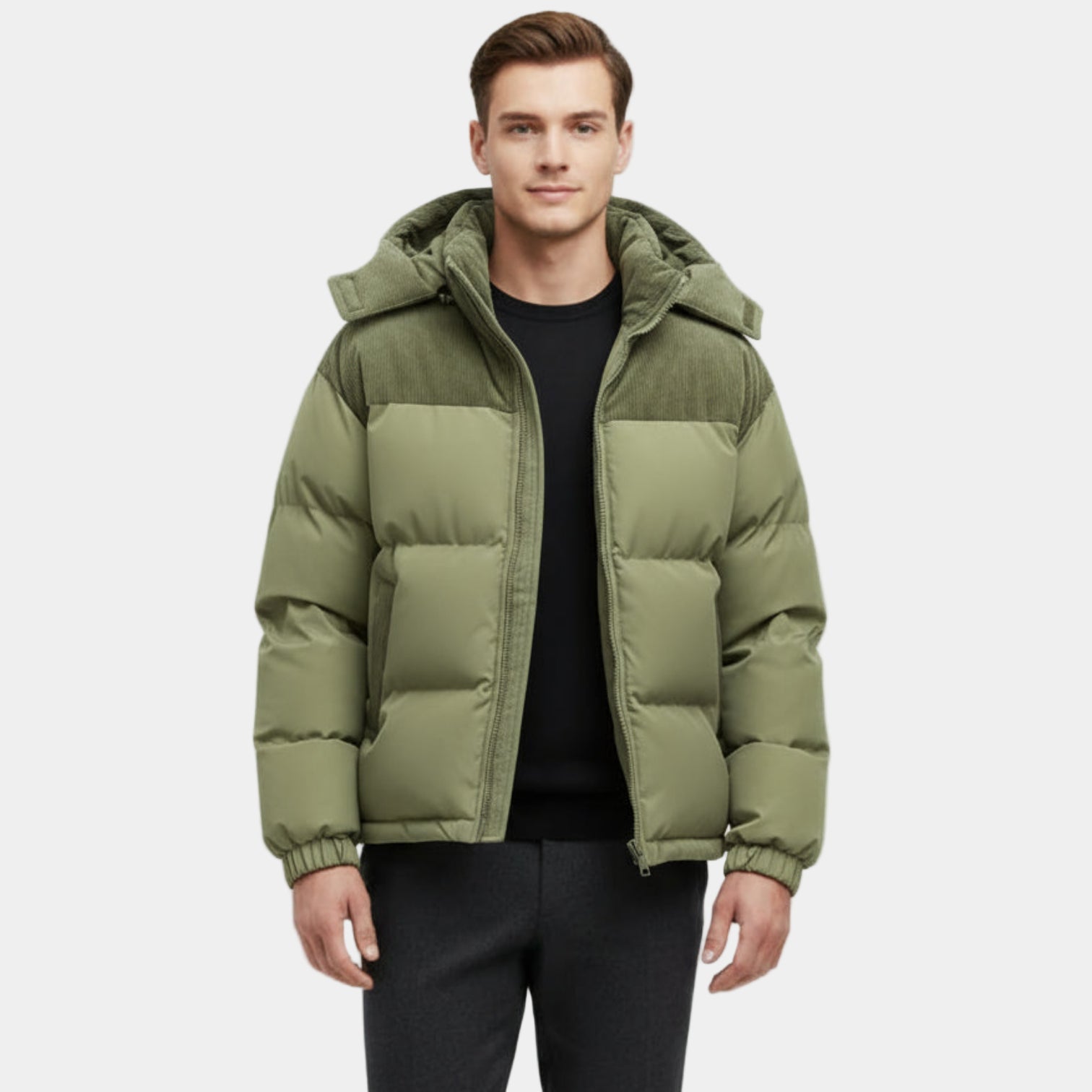 Men’s Corduroy-Trim Puffer Jacket – Detachable Hood