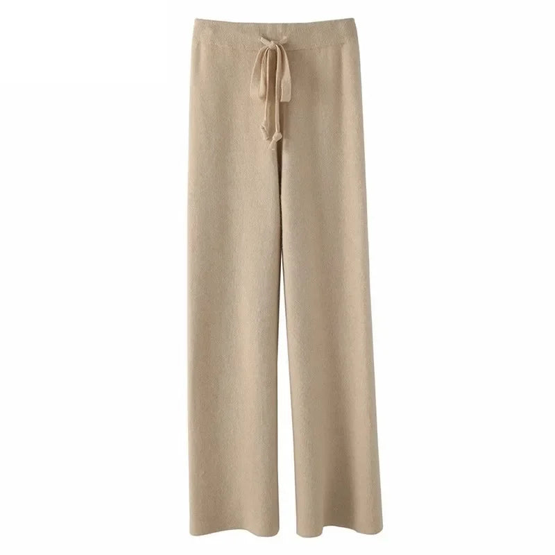 Cashmere-Look Knit Pants – Soft Wide-Leg Lounge Trousers in Taupe
