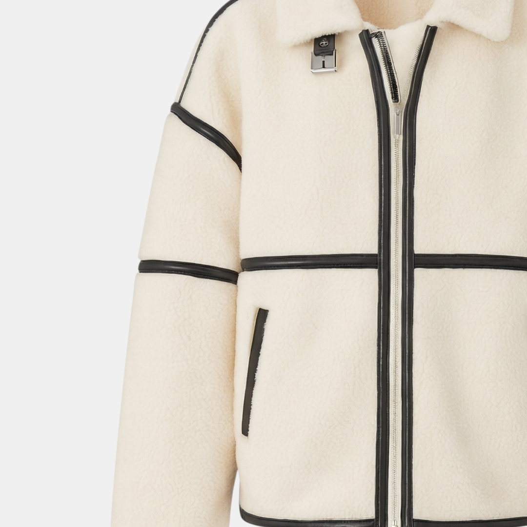 Women's Jacket - Zipper Front, Faux Shearling Texture, Contrast Trim