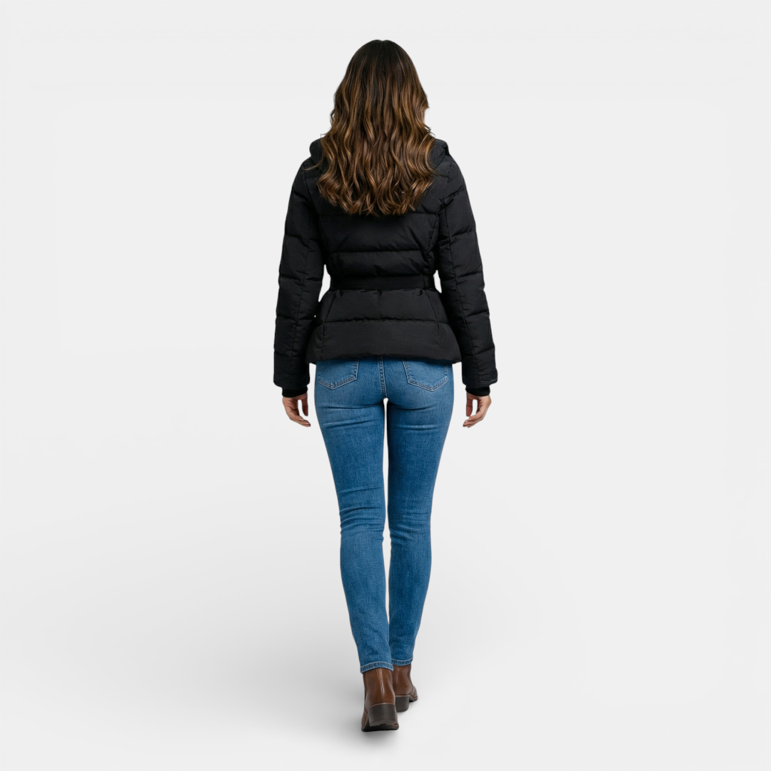 Women's Puffer Jacket - Belted Hooded Cropped