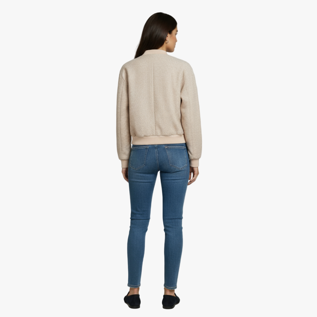 Women’s bomber jacket – button front, ribbed trim, textured fabric