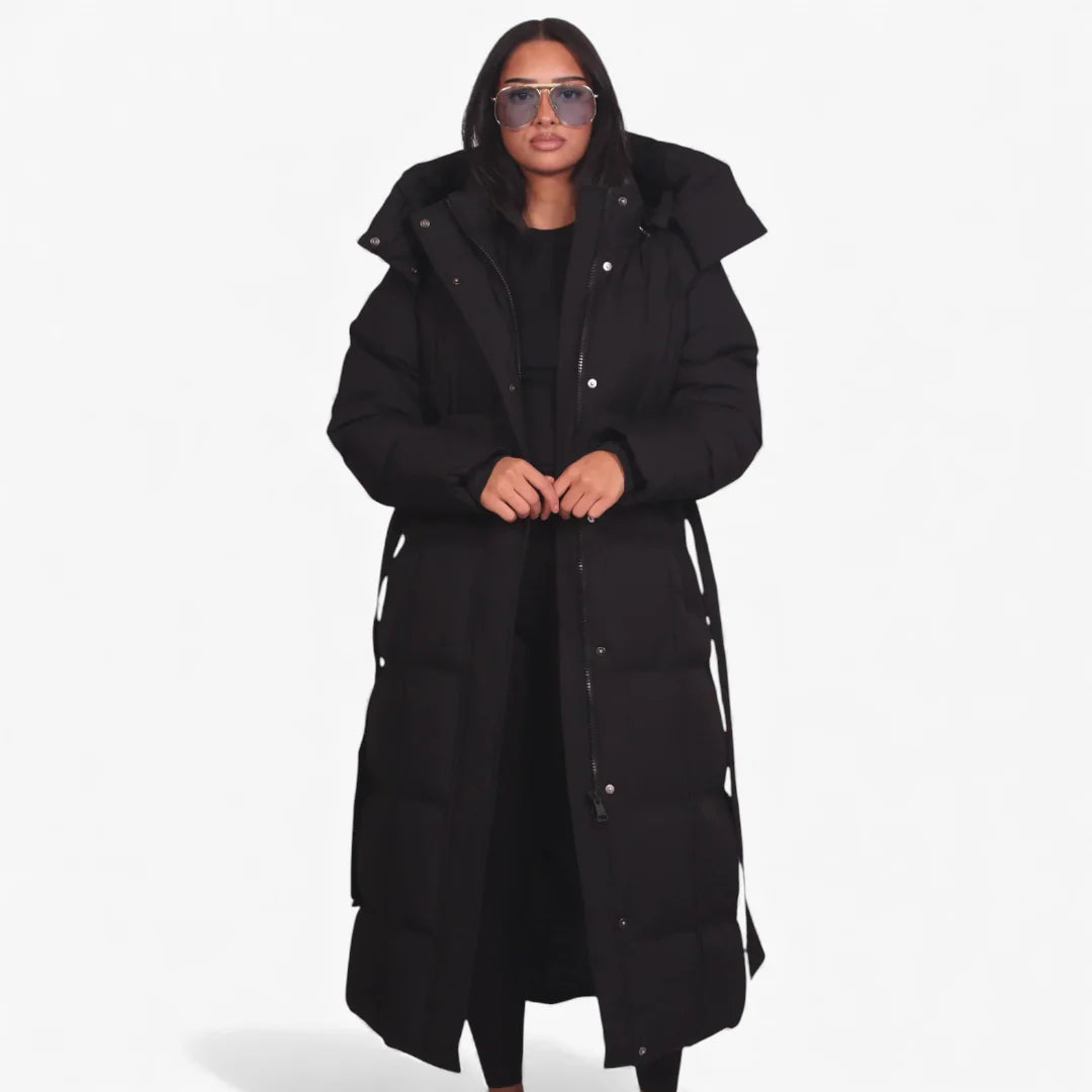 Women's Longline Puffer Jacket with Adjustable Waist and Water-Resistant Shell