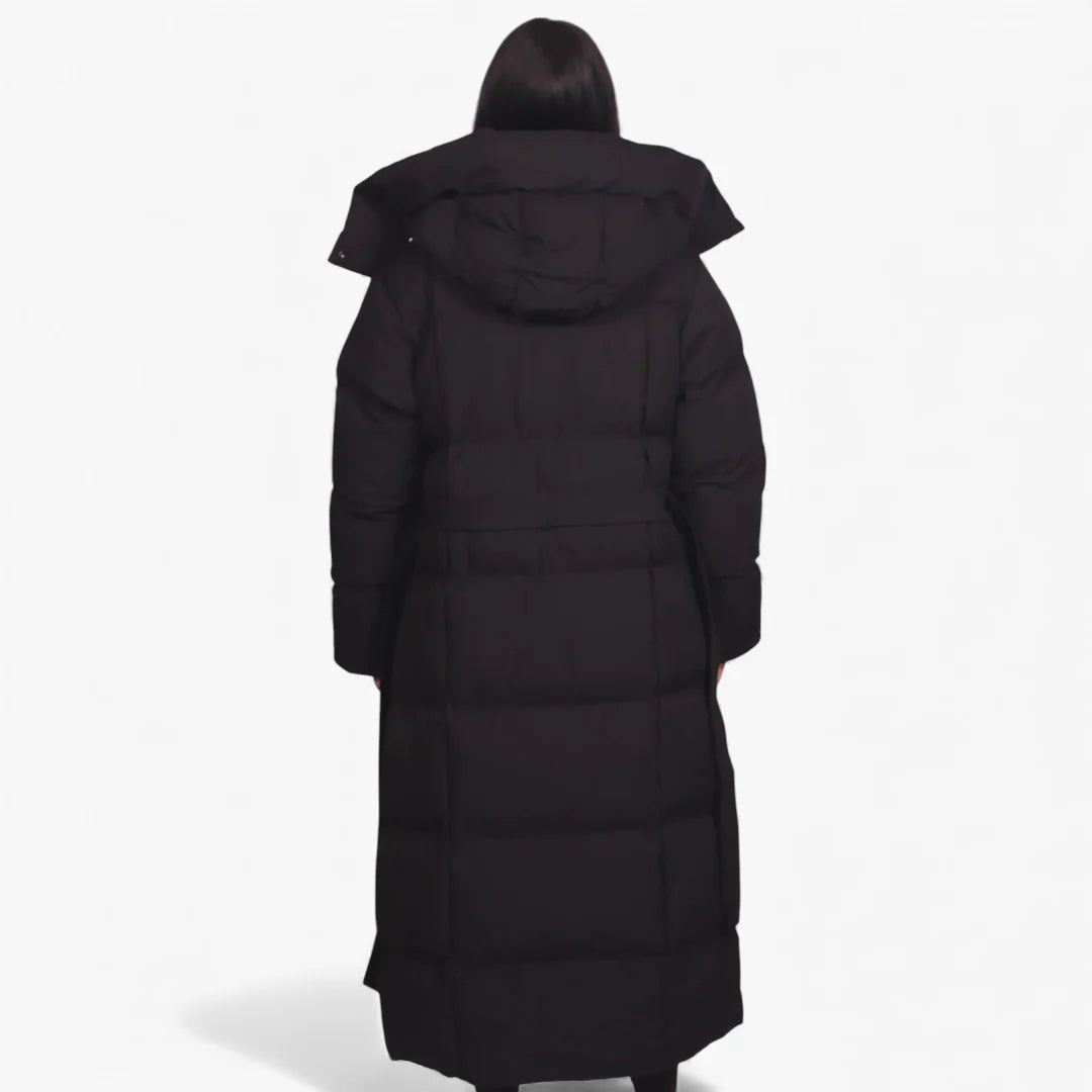 Women's Longline Puffer Jacket with Adjustable Waist and Water-Resistant Shell