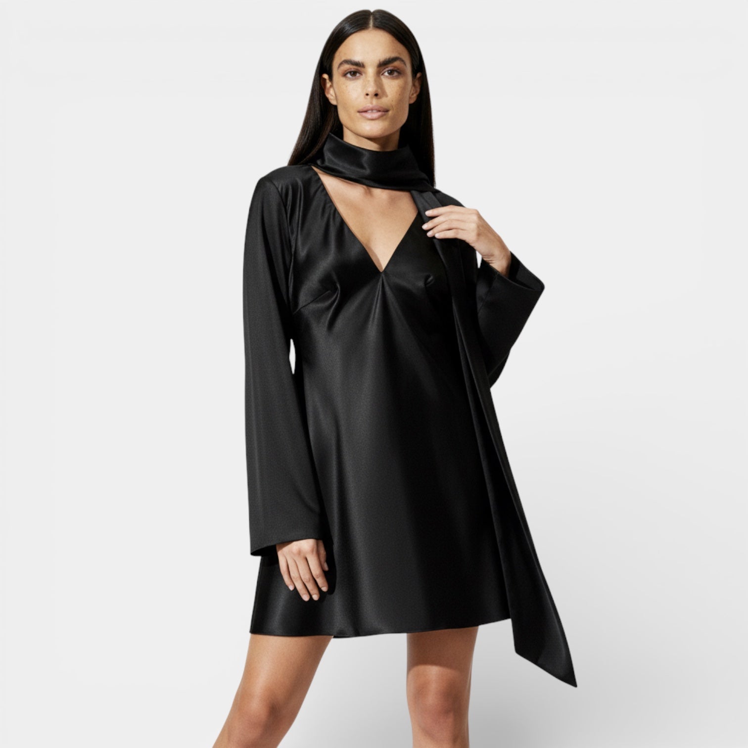 Women's Elegant Satin Tie-Neck Mini Dress