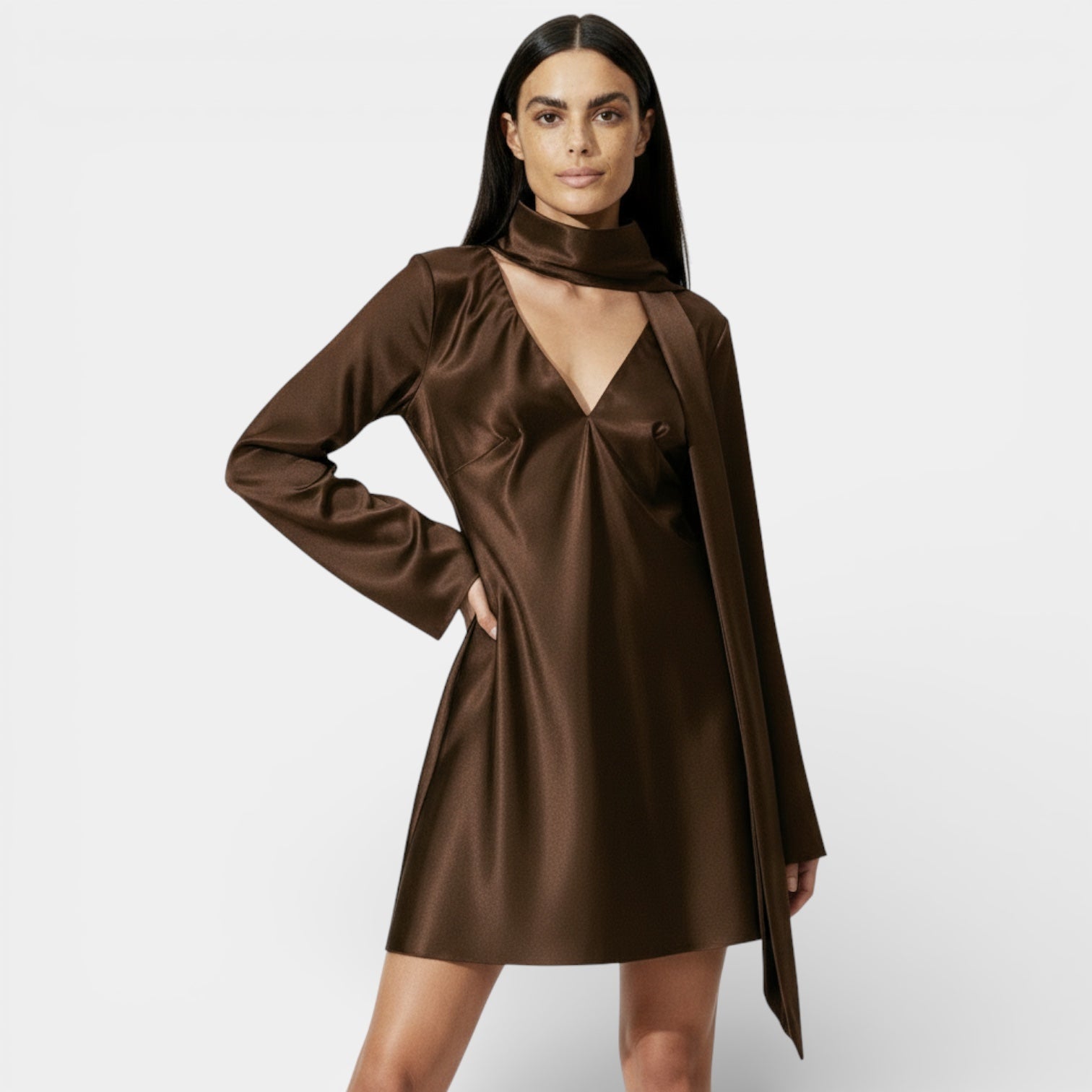 Women's Elegant Satin Tie-Neck Mini Dress