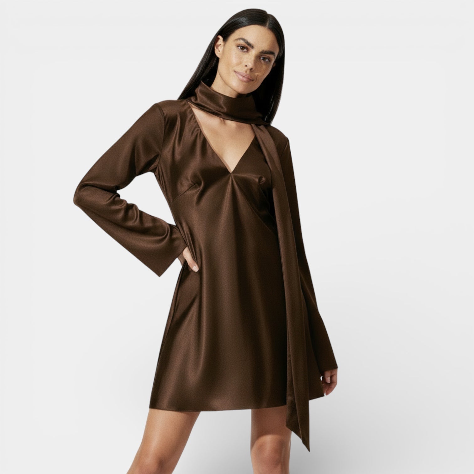 Women's Elegant Satin Tie-Neck Mini Dress