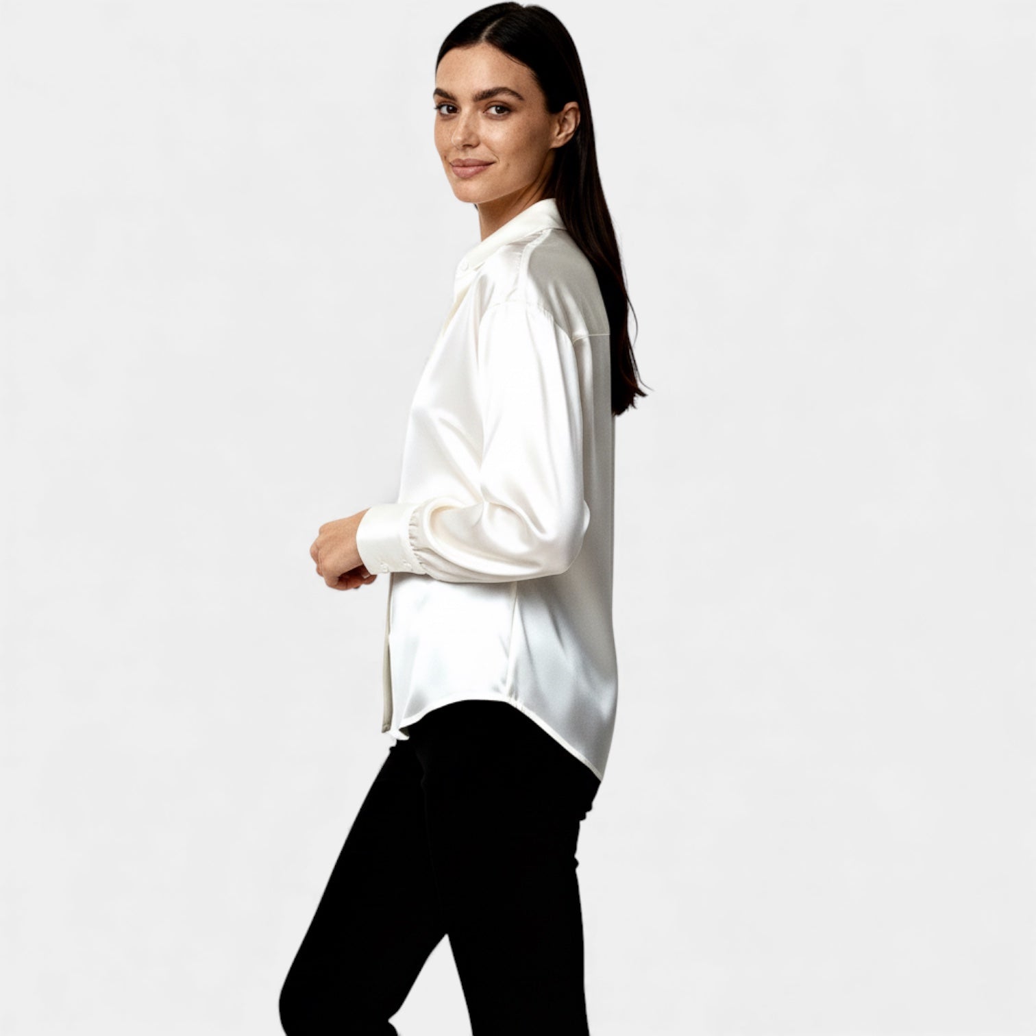 Women’s Satin Button-Up Blouse – Long Sleeve Silk-Feel Shirt