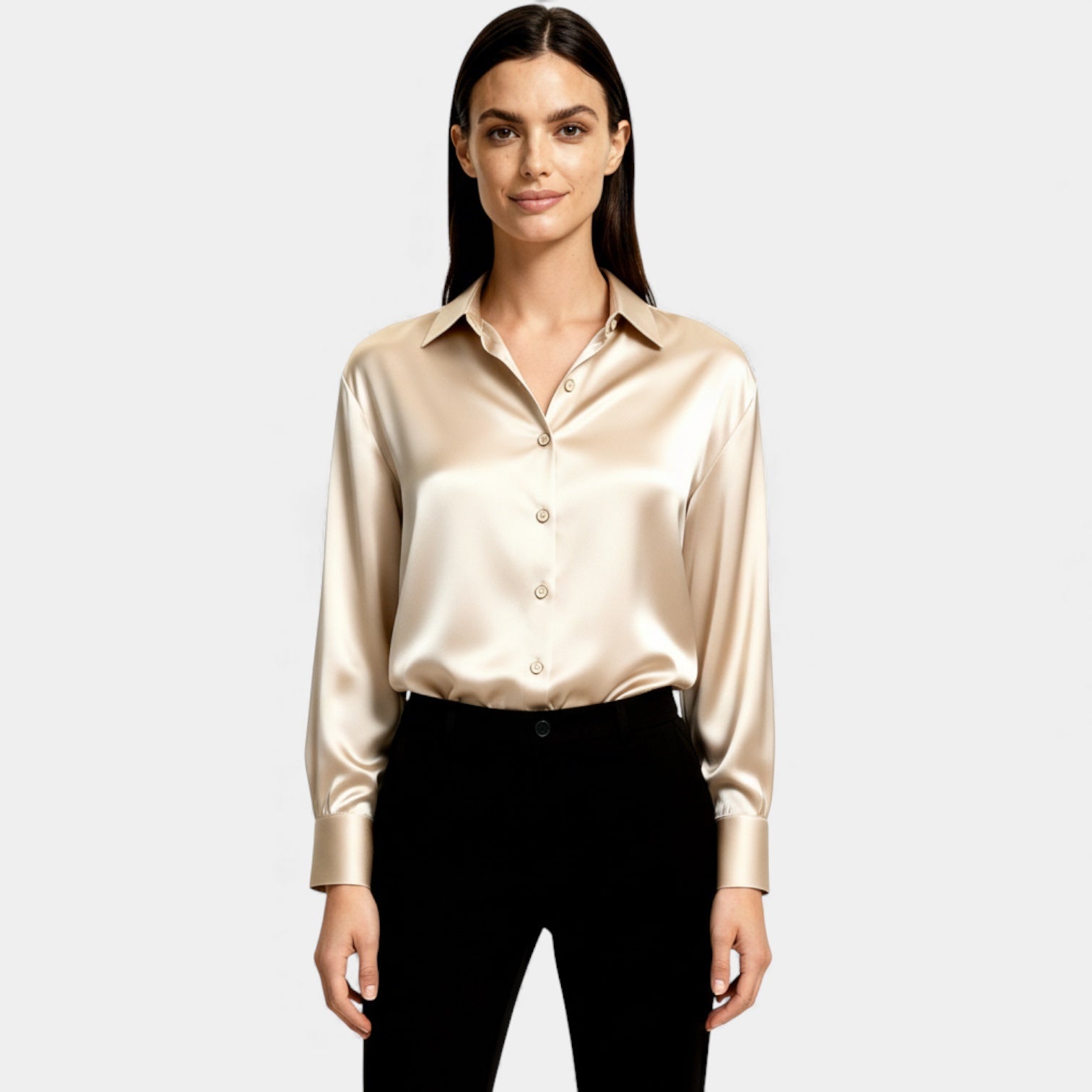 Women’s Satin Button-Up Blouse – Long Sleeve Silk-Feel Shirt