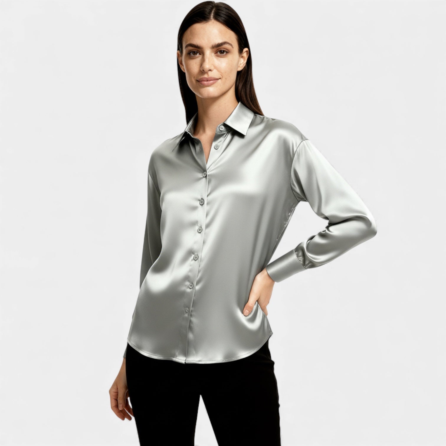 Women’s Satin Button-Up Blouse – Long Sleeve Silk-Feel Shirt