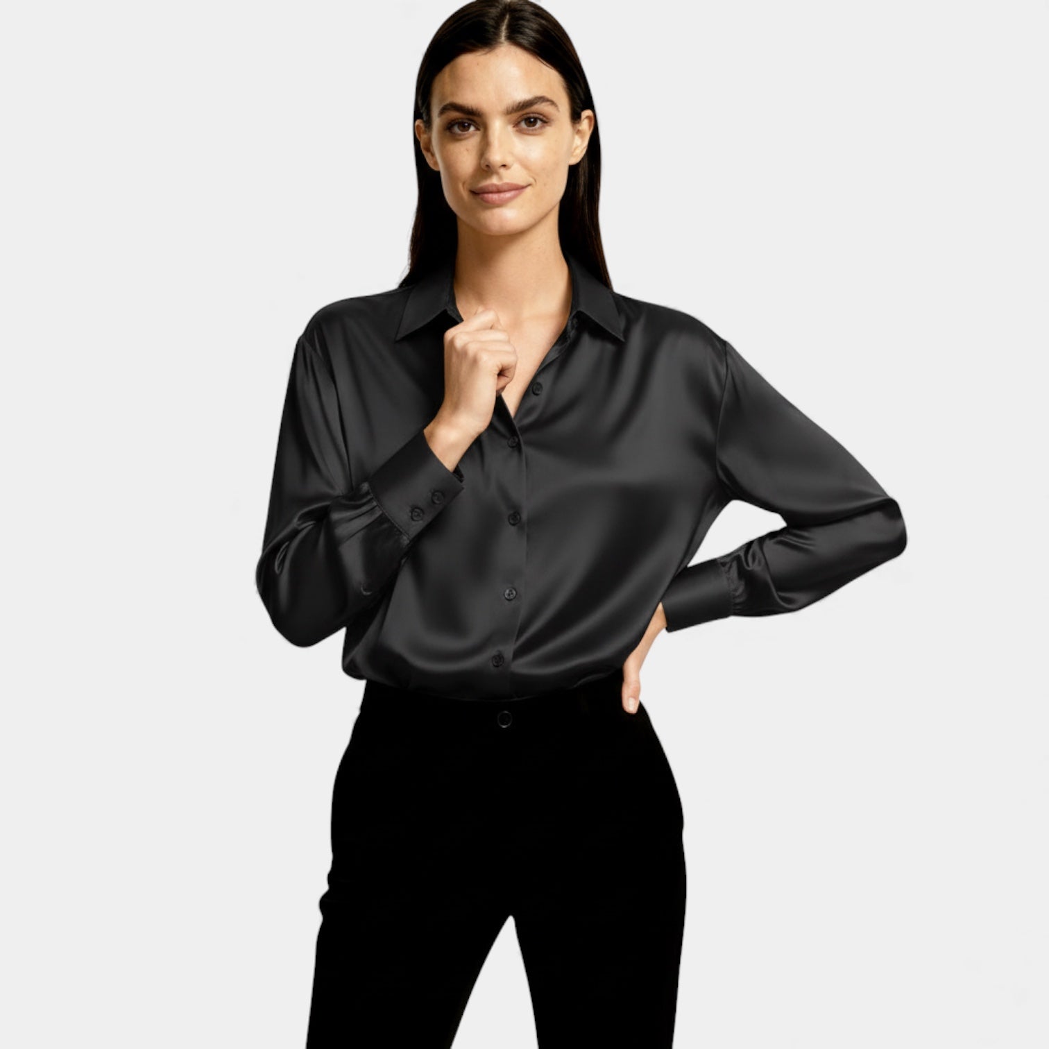 Women’s Satin Button-Up Blouse – Long Sleeve Silk-Feel Shirt