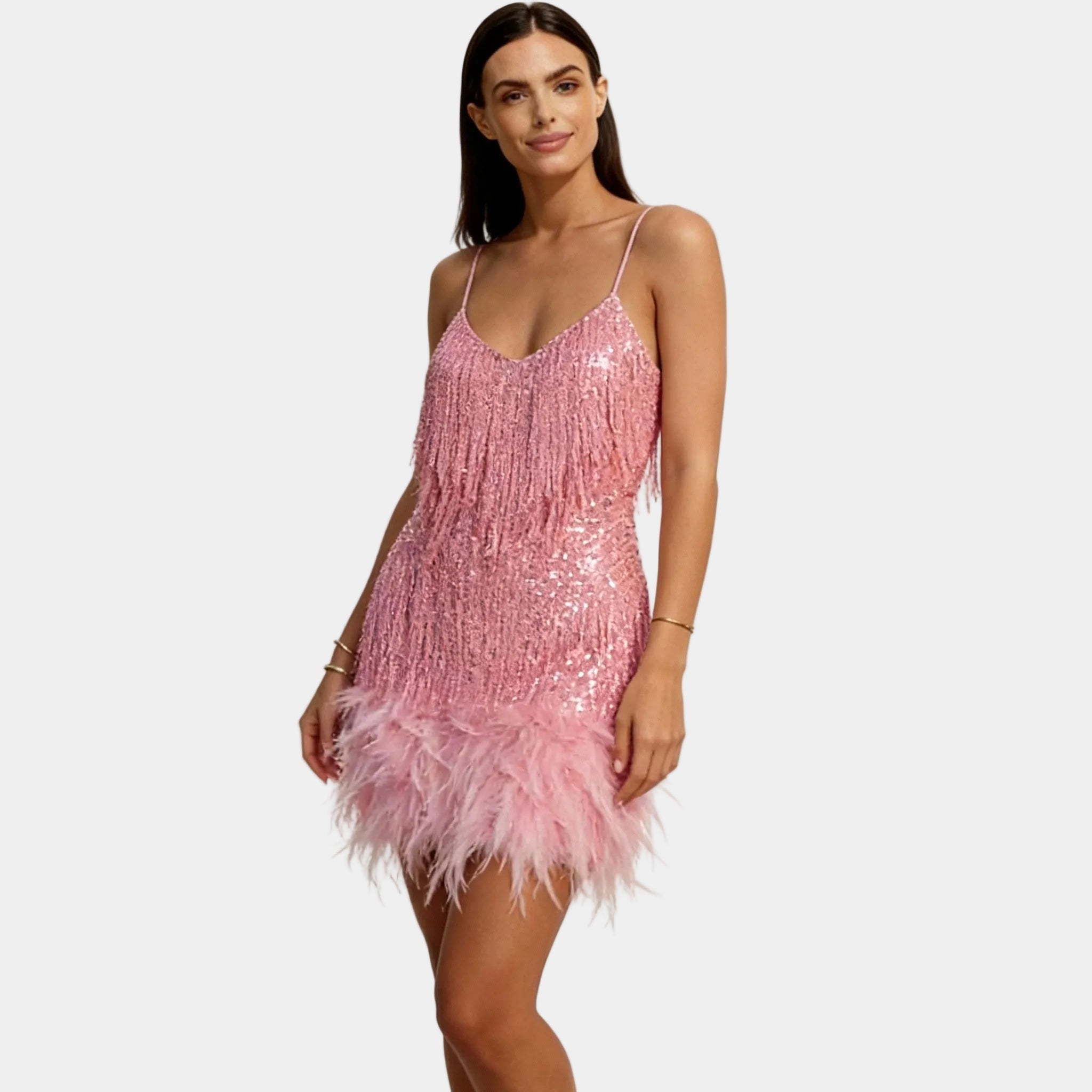 Women's Elegant Sequin Feather Mini Dress - Spaghetti Strap