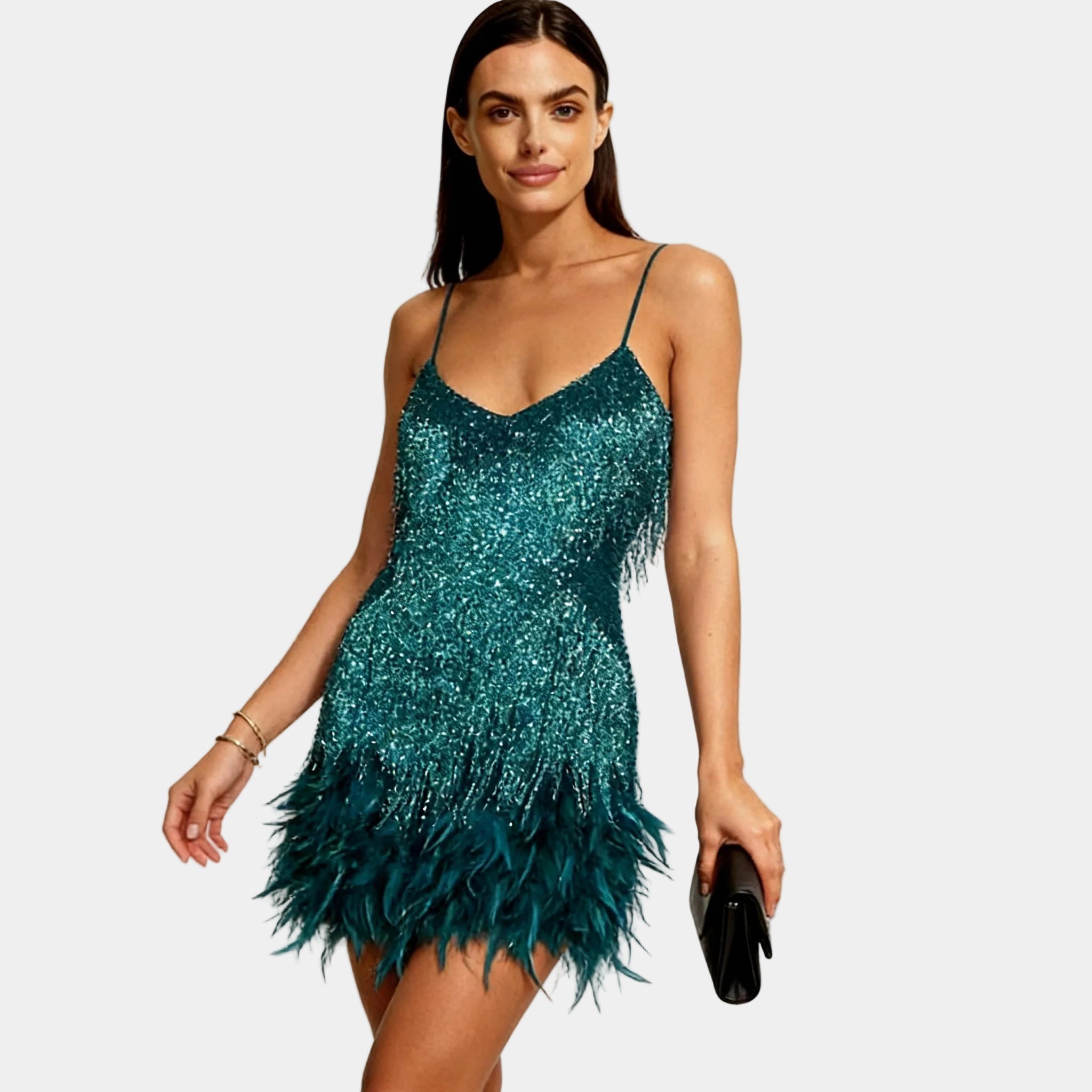 Women's Elegant Sequin Feather Mini Dress - Spaghetti Strap