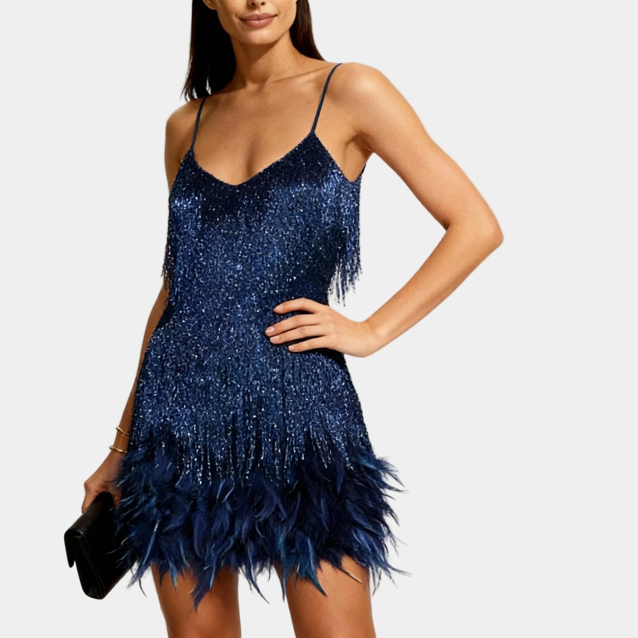 Women's Elegant Sequin Feather Mini Dress - Spaghetti Strap
