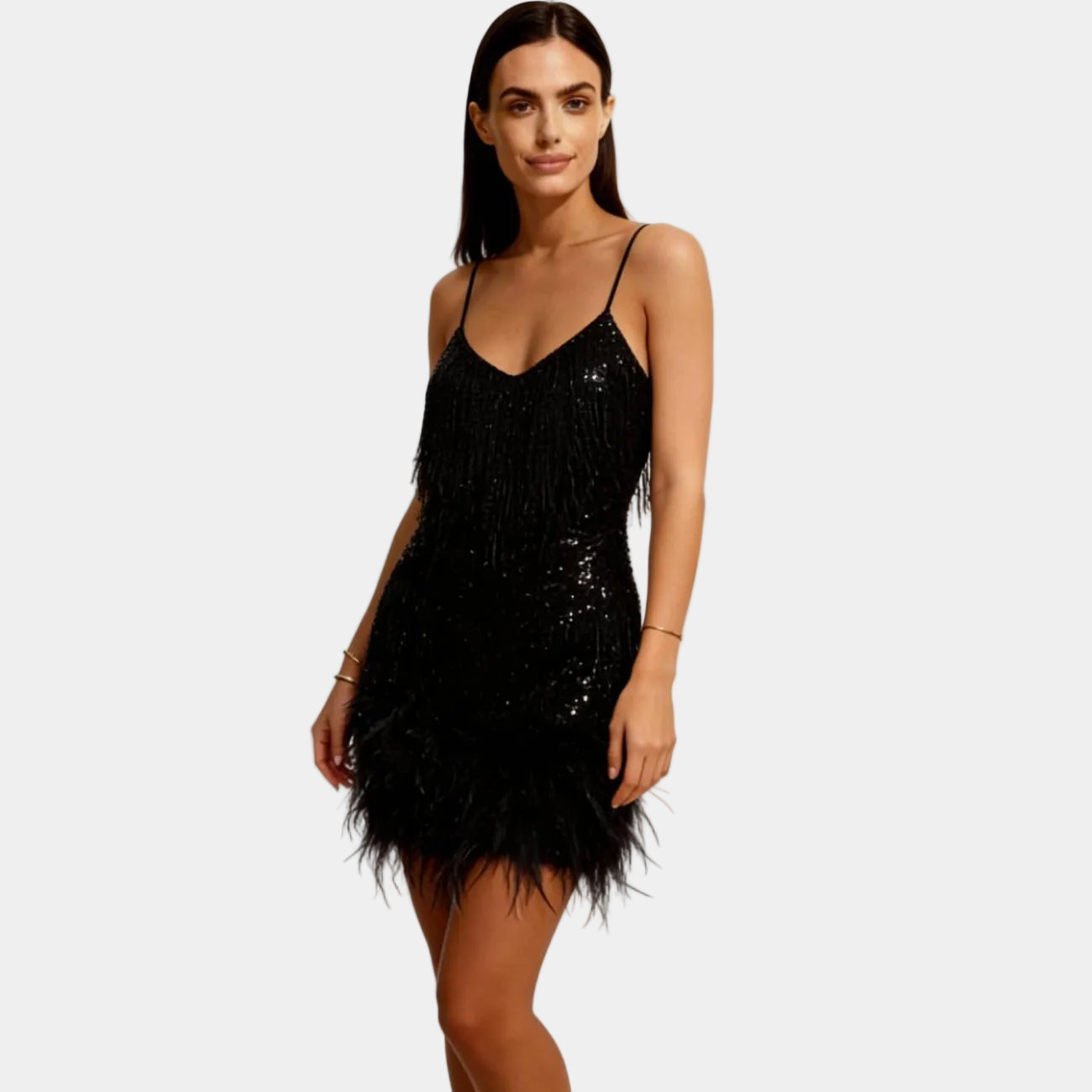 Women's Elegant Sequin Feather Mini Dress - Spaghetti Strap
