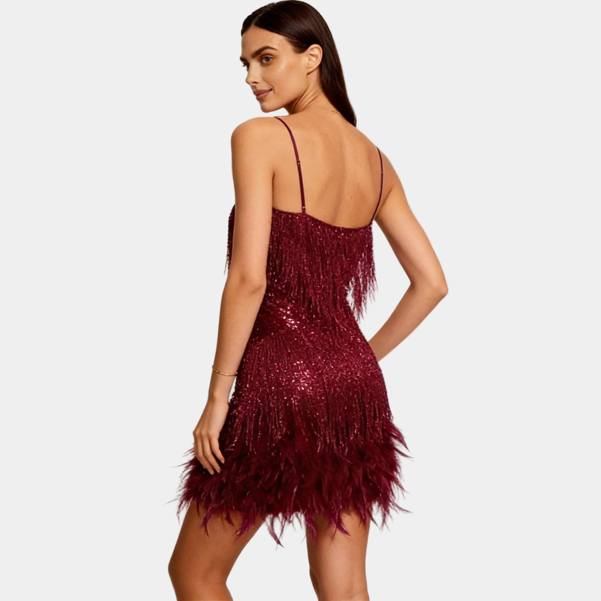 Women's Elegant Sequin Feather Mini Dress - Spaghetti Strap