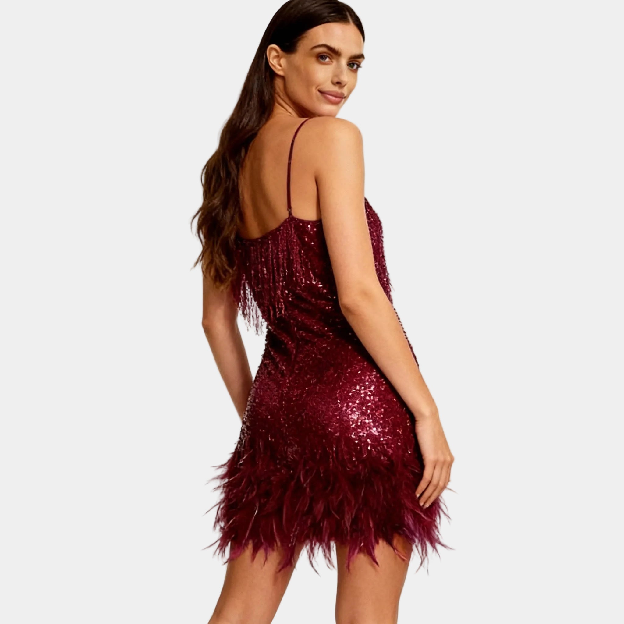 Women's Elegant Sequin Feather Mini Dress - Spaghetti Strap