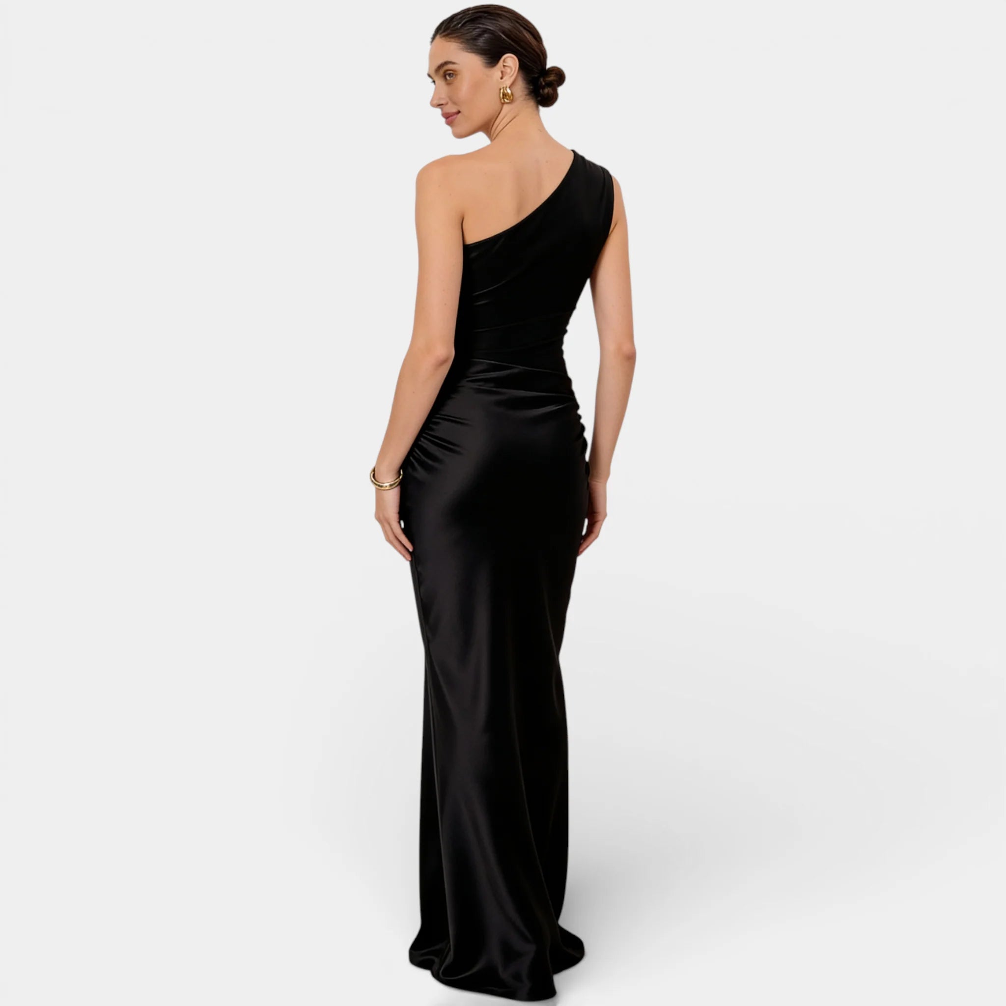 Women’s Satin One Shoulder Maxi Dress – Ruched Bodycon