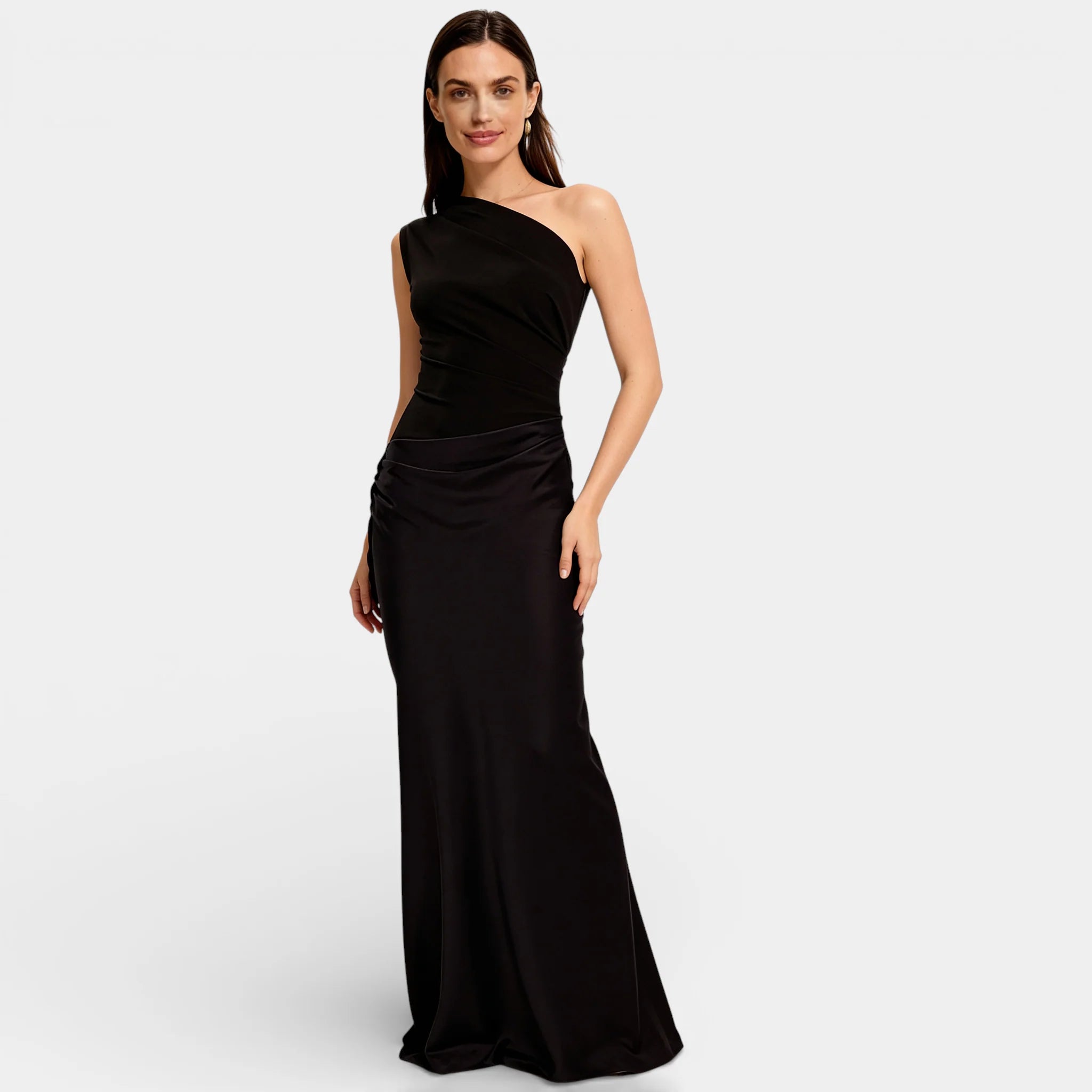 Women’s Satin One Shoulder Maxi Dress – Ruched Bodycon