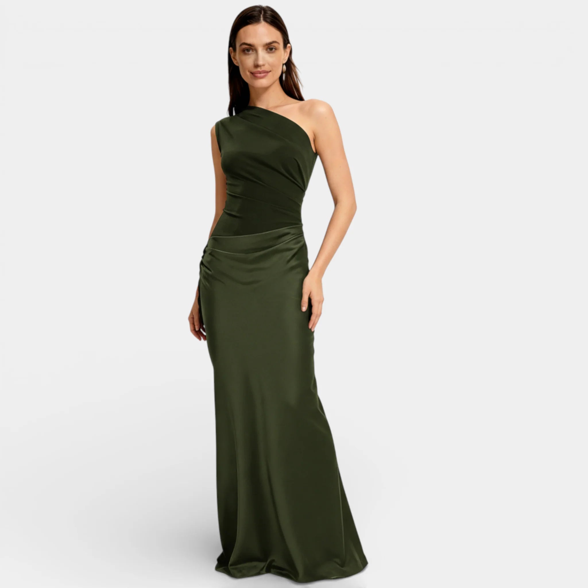 Women’s Satin One Shoulder Maxi Dress – Ruched Bodycon