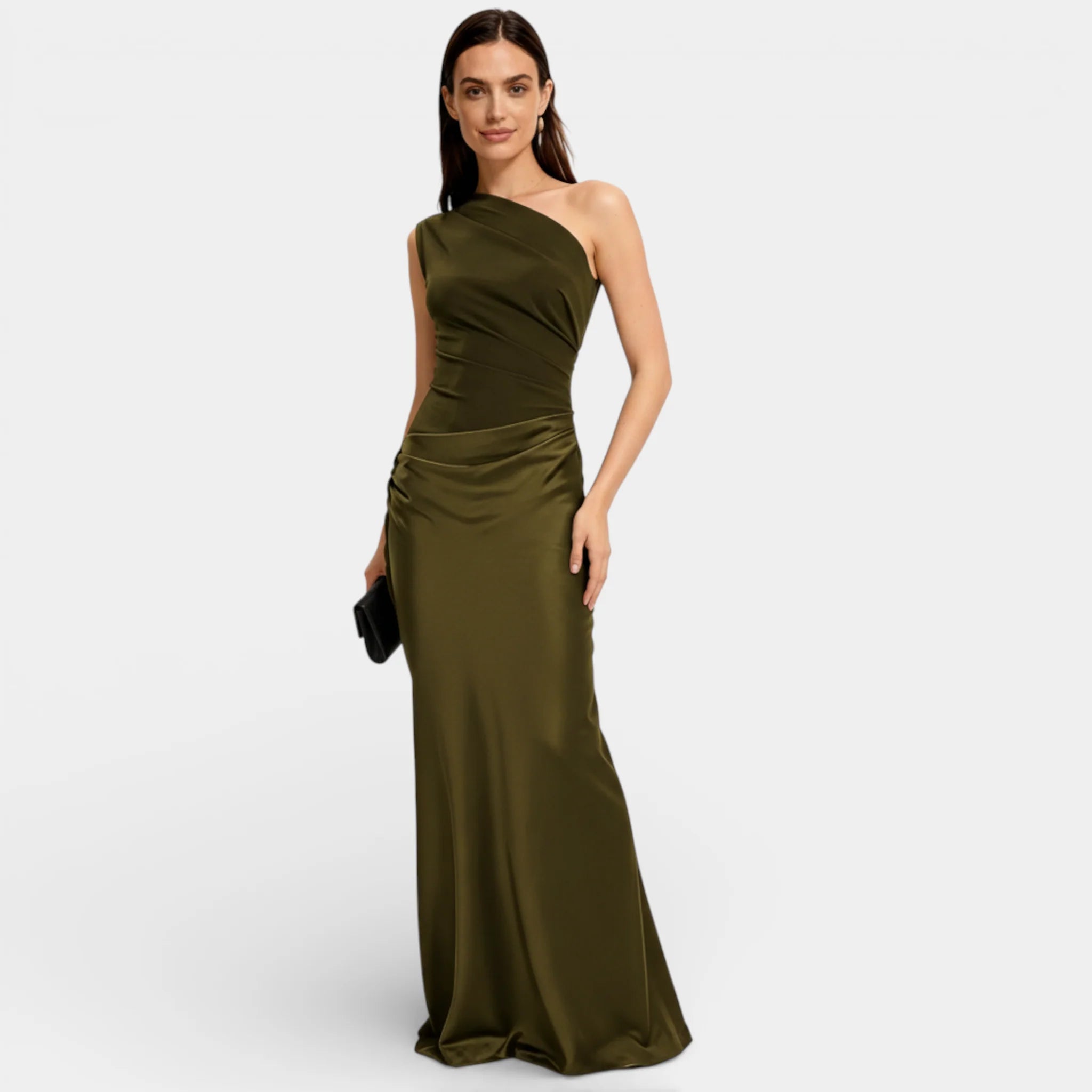 Women’s Satin One Shoulder Maxi Dress – Ruched Bodycon