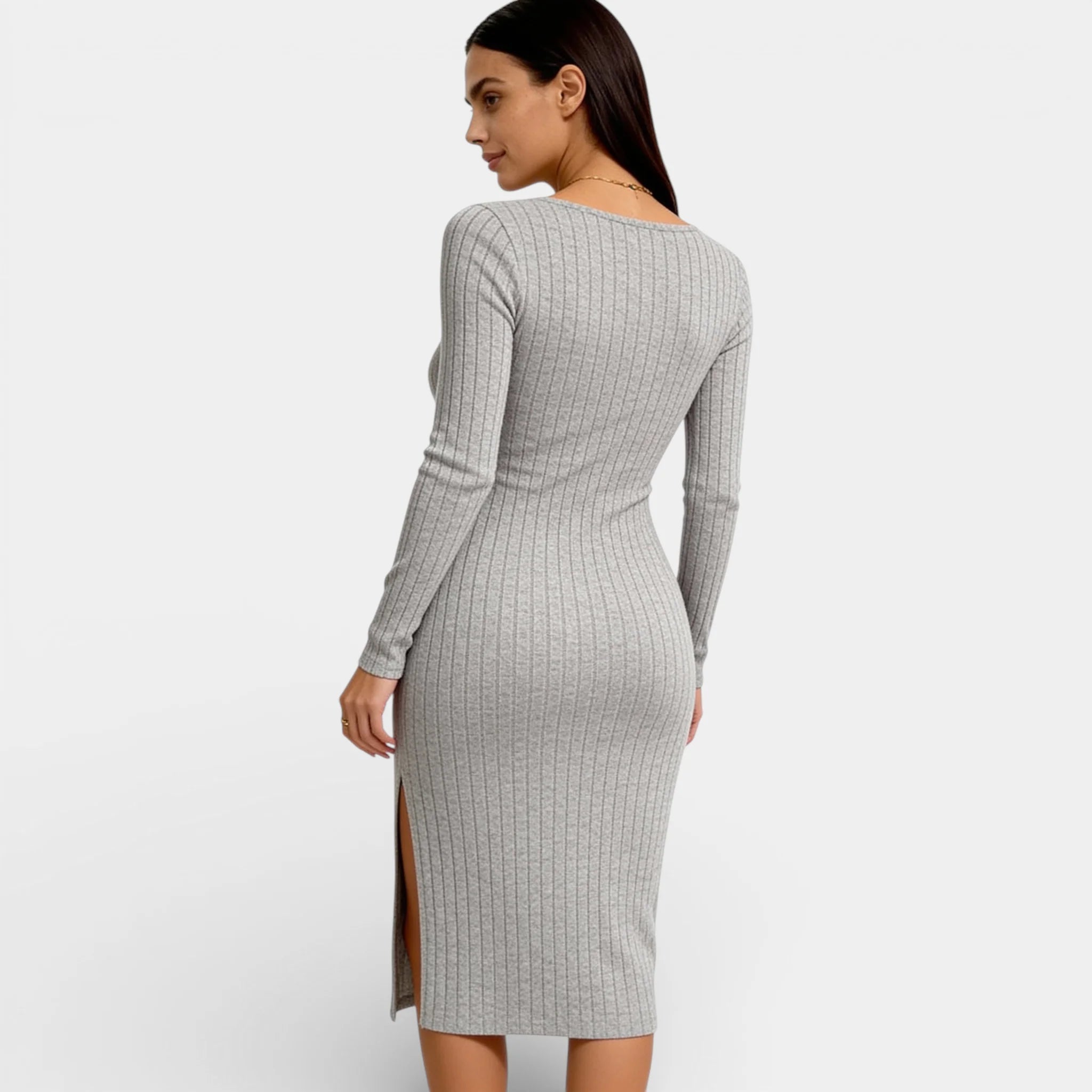 Women’s Ribbed Bodycon Midi Dress - Long Sleeve Neck Split