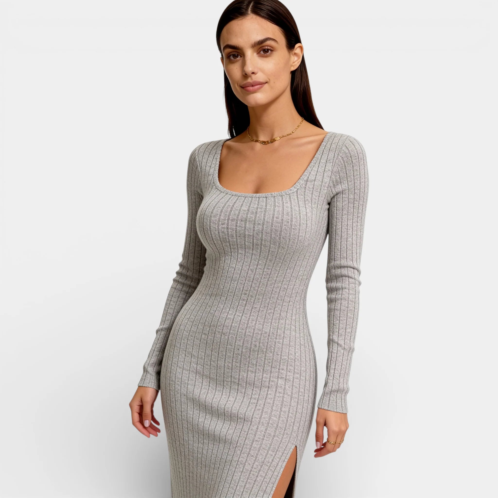 Women’s Ribbed Bodycon Midi Dress - Long Sleeve Neck Split