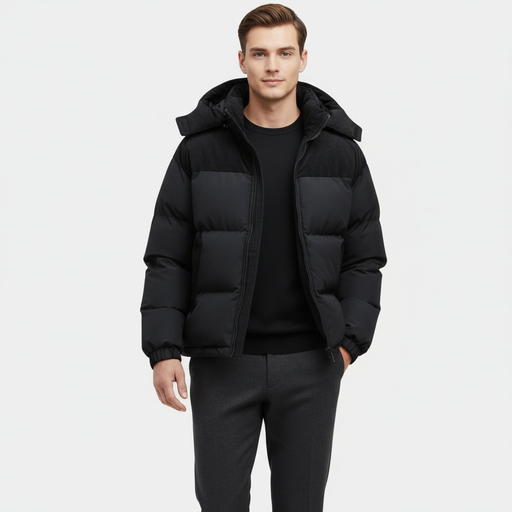 Men’s Corduroy-Trim Puffer Jacket – Detachable Hood