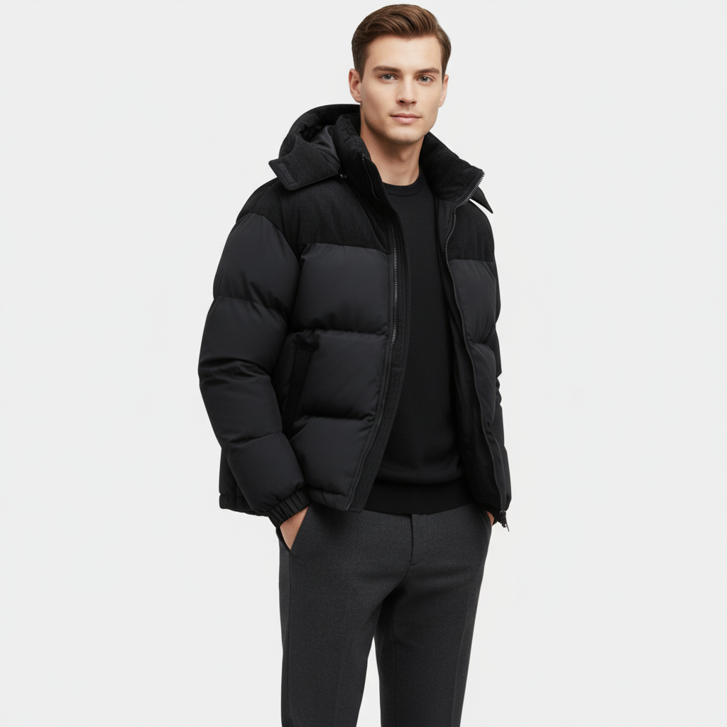 Men’s Corduroy-Trim Puffer Jacket – Detachable Hood