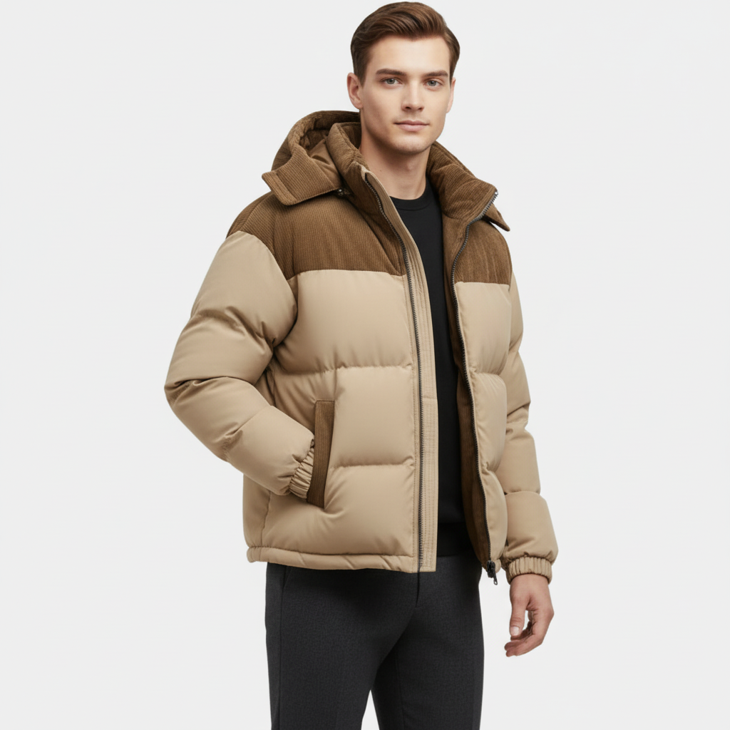 Men’s Corduroy-Trim Puffer Jacket – Detachable Hood
