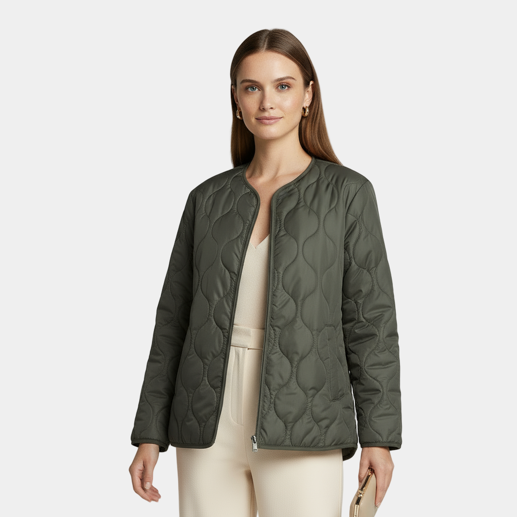 Women's Quilted Jacket with Round Neck and Patch Pockets