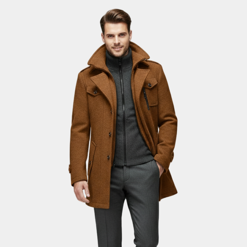 Men’s Wool-Blend Winter Coat – Tailored Button-Up Overcoat