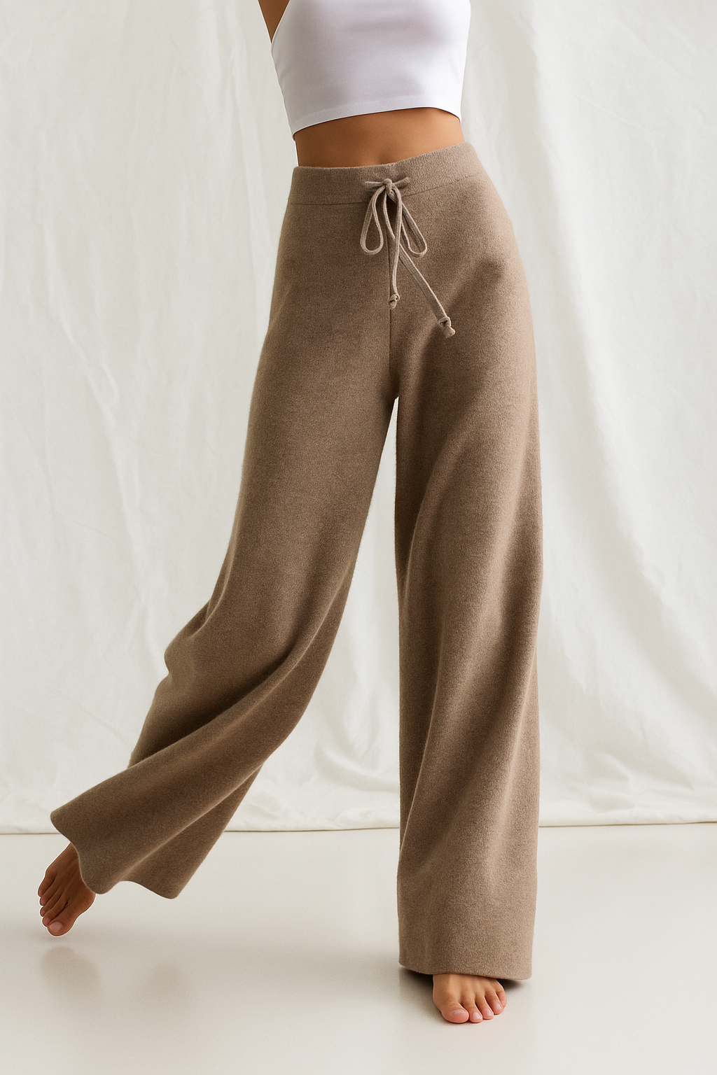 Cashmere-Look Knit Pants – Soft Wide-Leg Lounge Trousers in Taupe