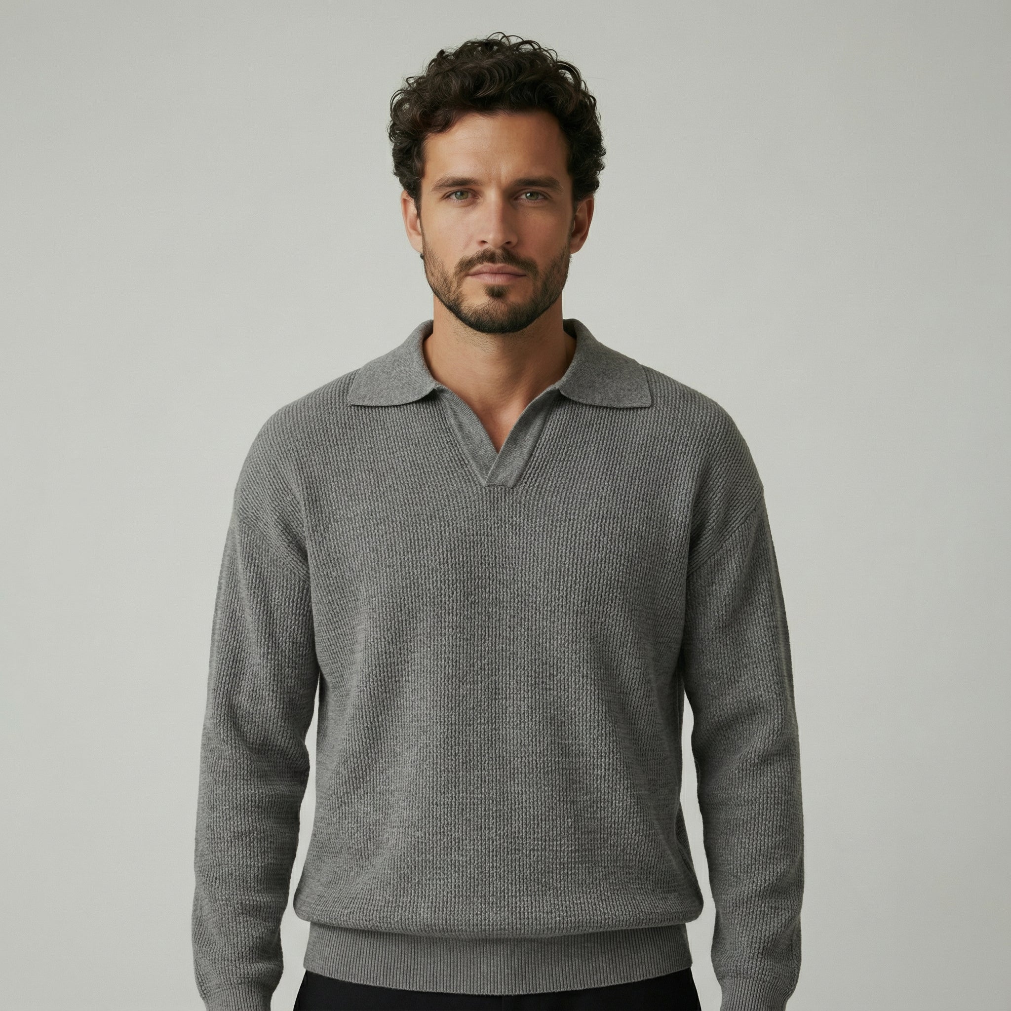 Textured Knit Polo Sweater