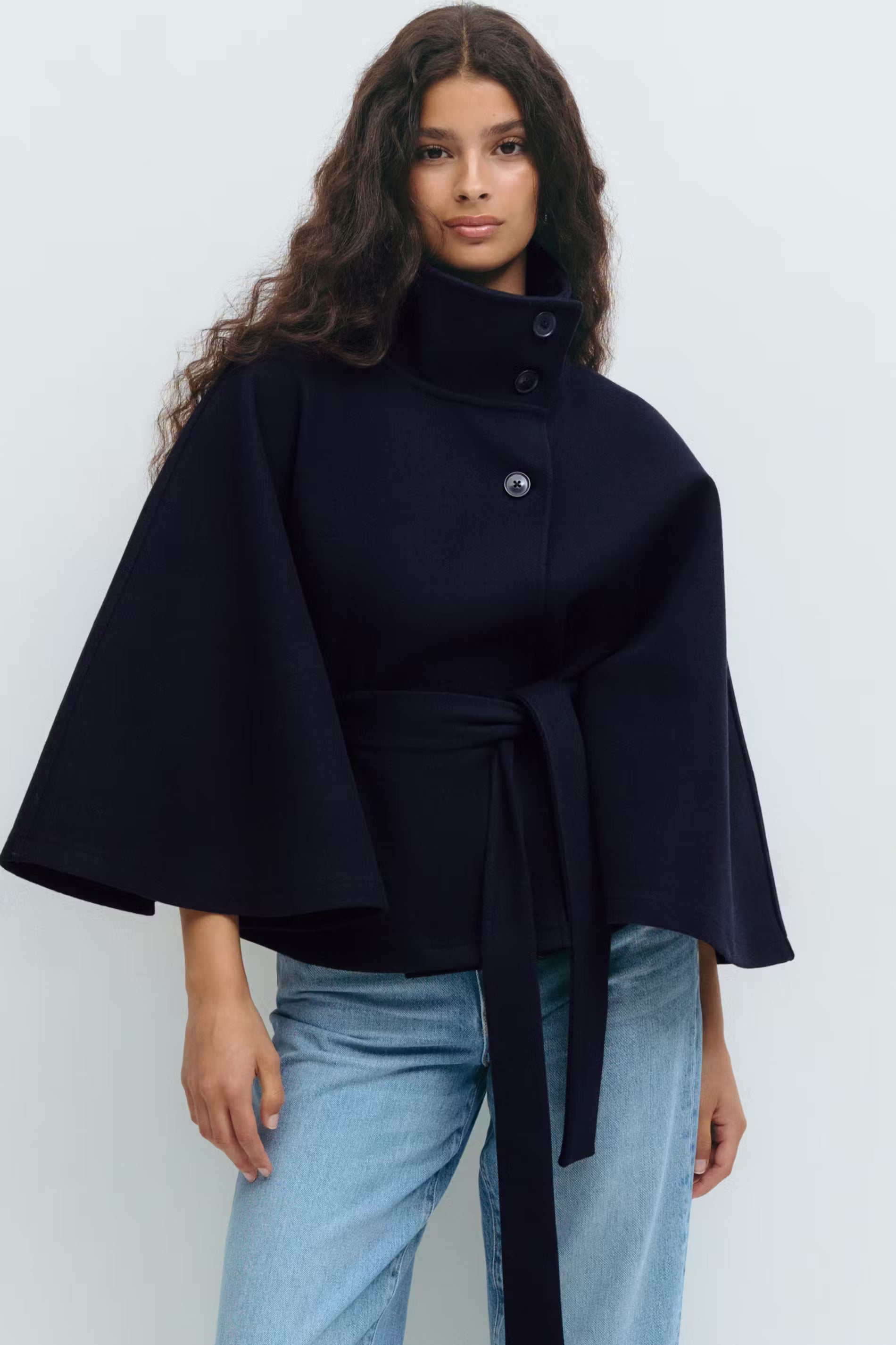 Lara™ | Cape poncho with waist belt and stand-up collar
