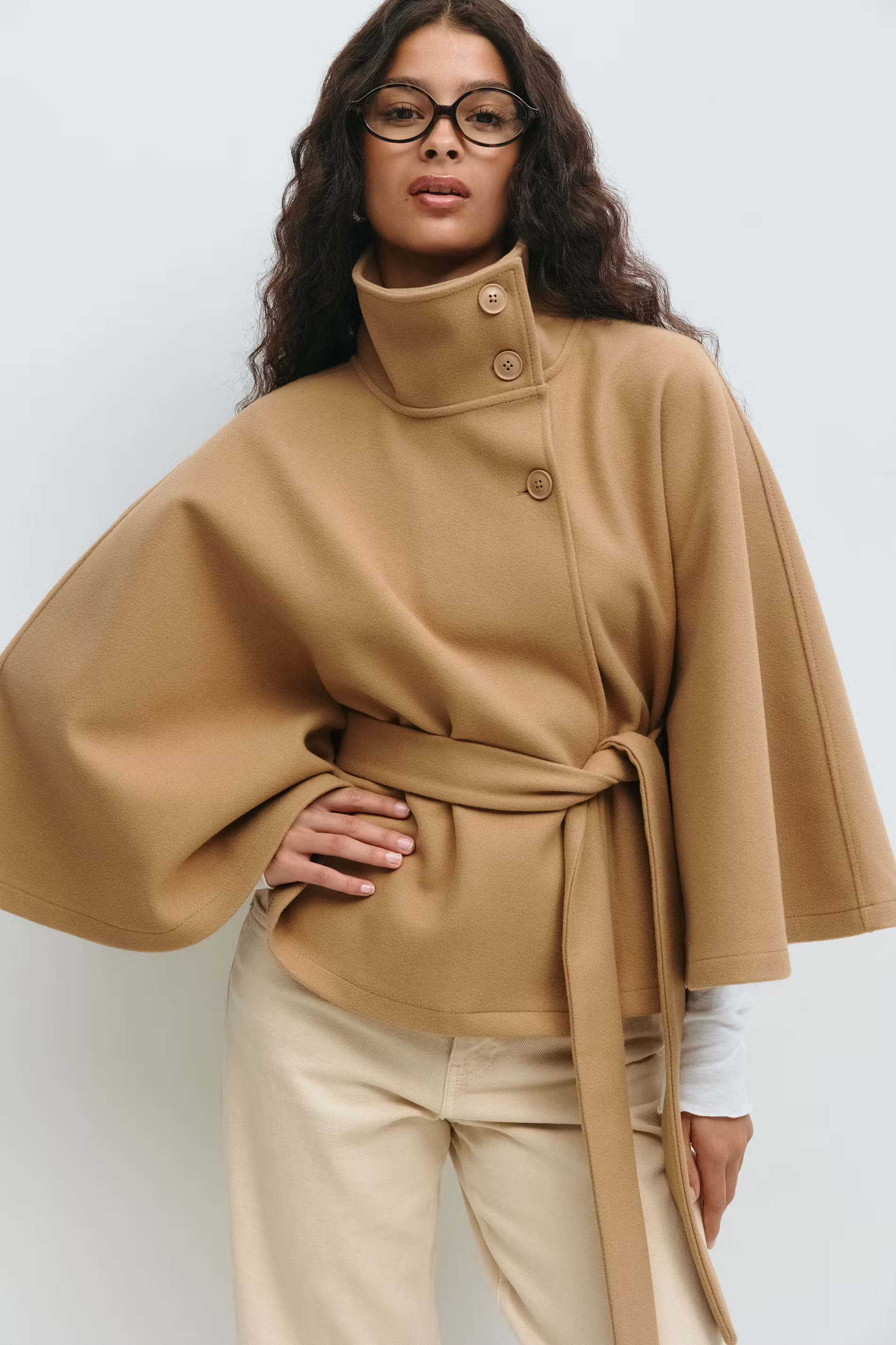 Lara™ | Cape poncho with waist belt and stand-up collar