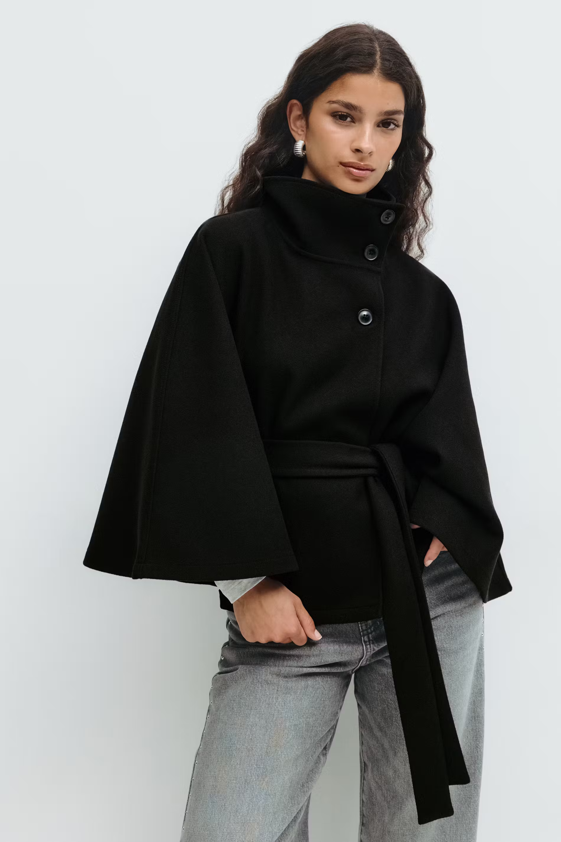 Lara™ | Cape poncho with waist belt and stand-up collar