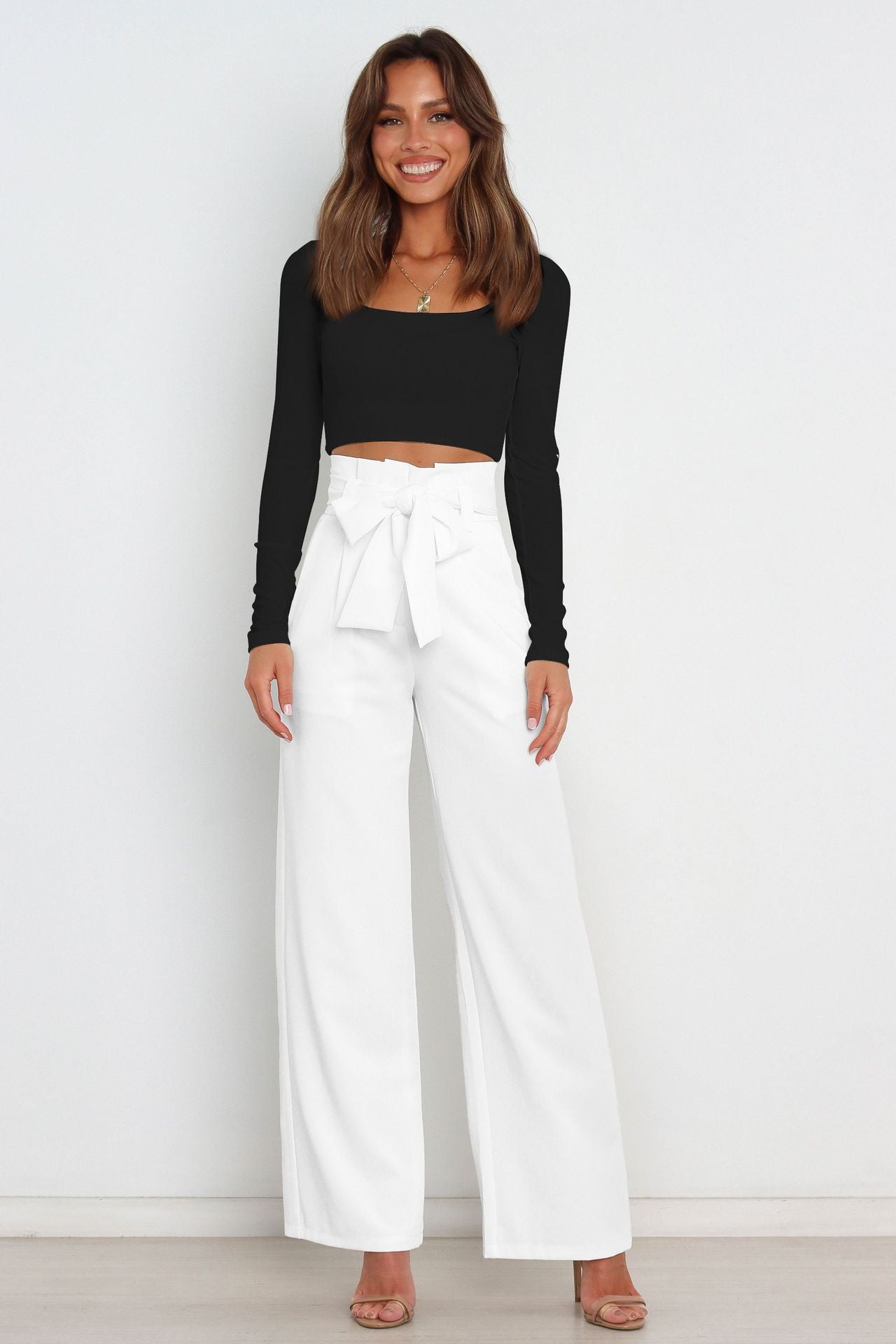 High-Waisted Women’s Pants with Tie Belt