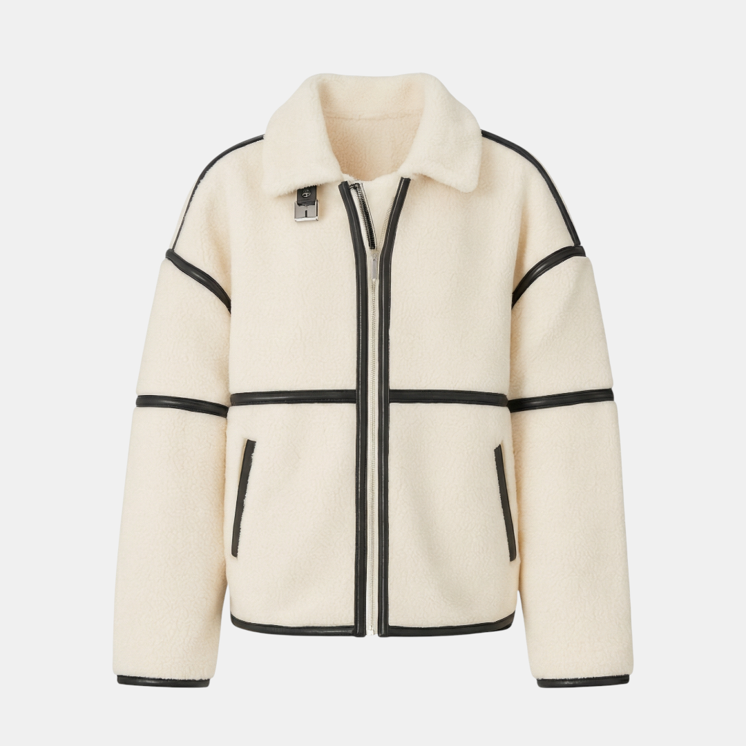 Women's Jacket - Zipper Front, Faux Shearling Texture, Contrast Trim