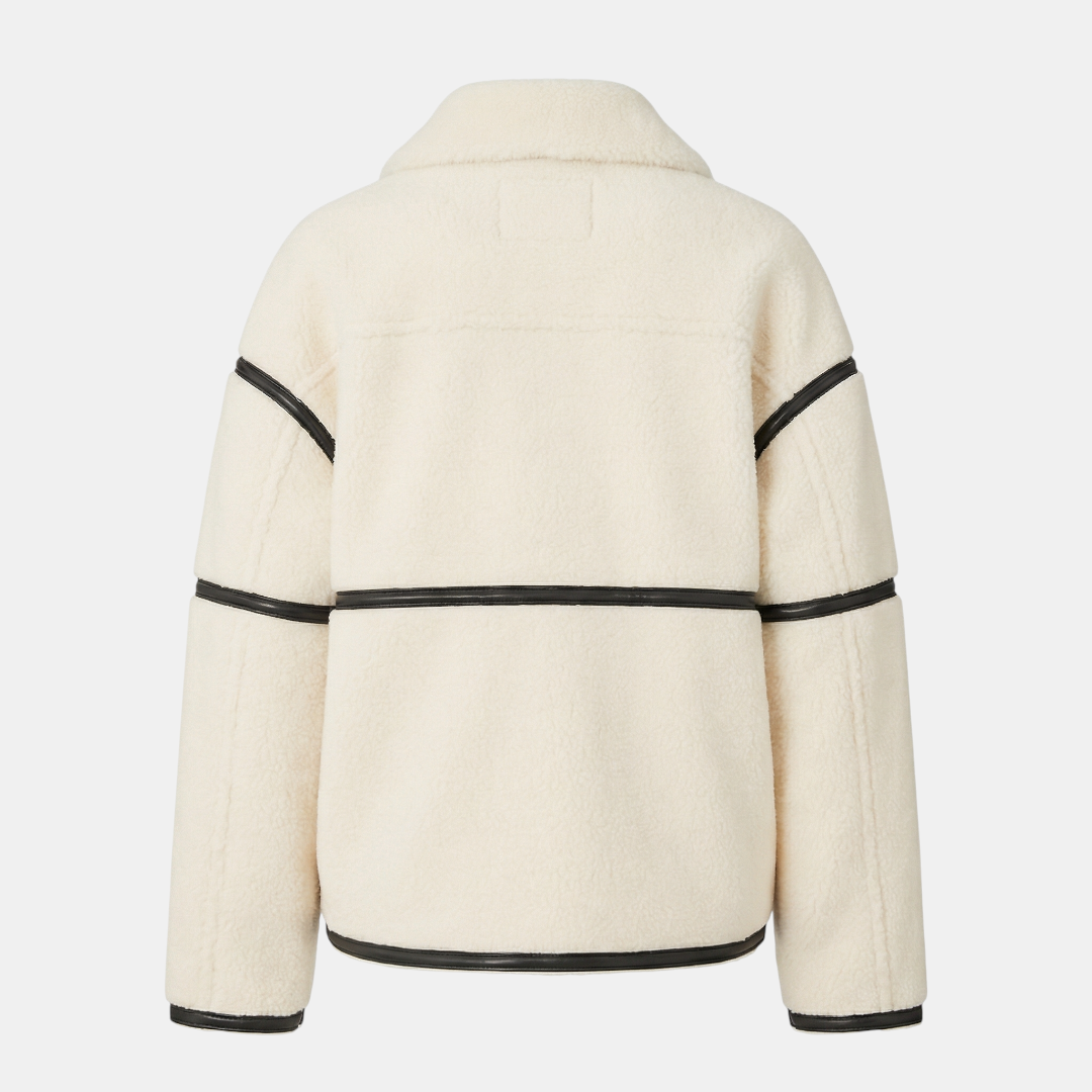 Women's Jacket - Zipper Front, Faux Shearling Texture, Contrast Trim