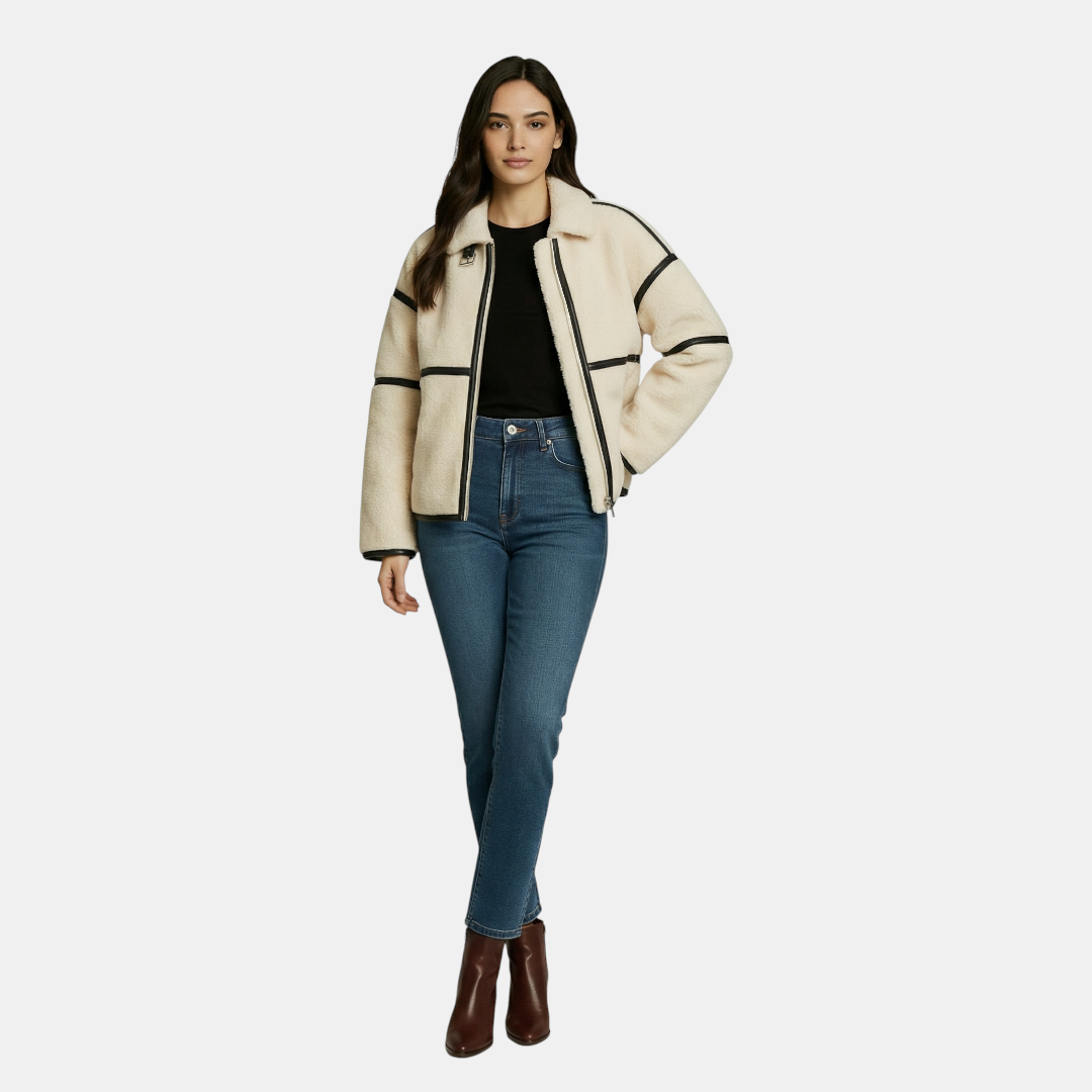 Women's Jacket - Zipper Front, Faux Shearling Texture, Contrast Trim
