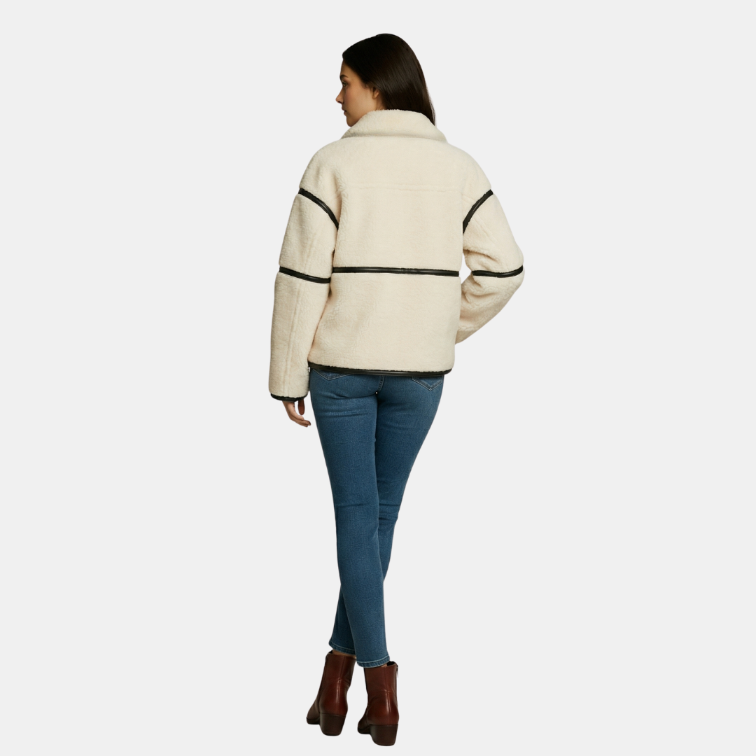 Women's Jacket - Zipper Front, Faux Shearling Texture, Contrast Trim