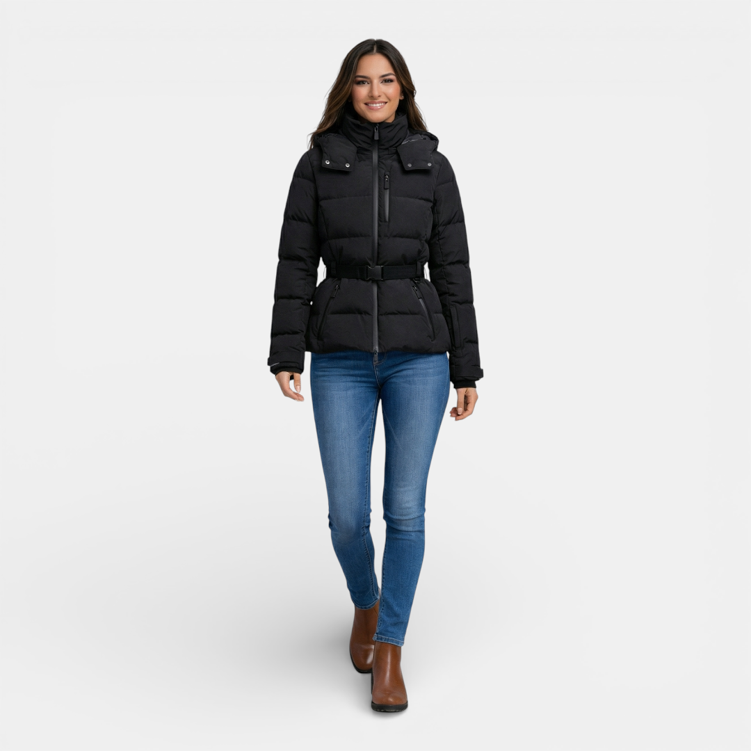 Women's Puffer Jacket - Belted Hooded Cropped