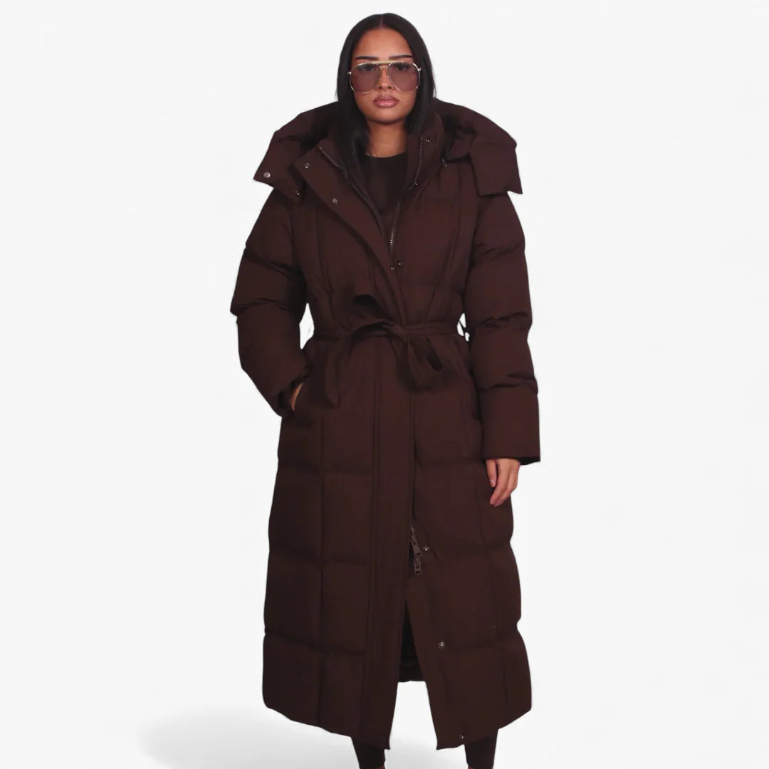 Women's Longline Puffer Jacket with Adjustable Waist and Water-Resistant Shell