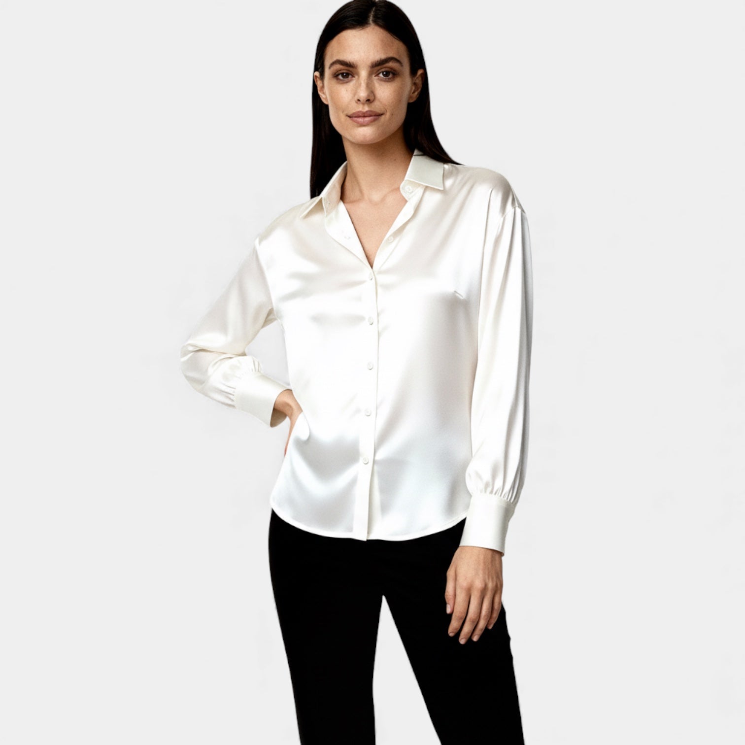 Women’s Satin Button-Up Blouse – Long Sleeve Silk-Feel Shirt