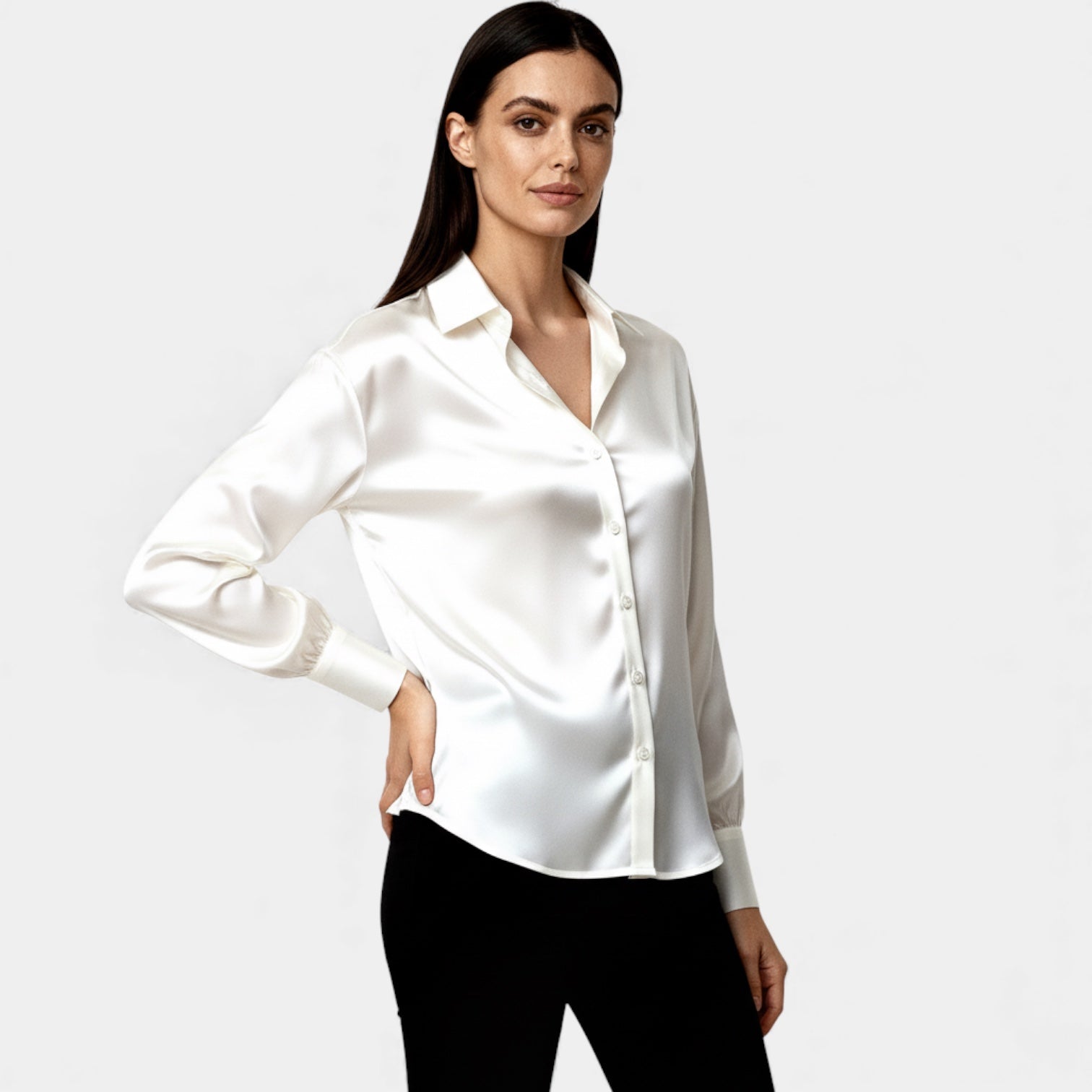 Women’s Satin Button-Up Blouse – Long Sleeve Silk-Feel Shirt