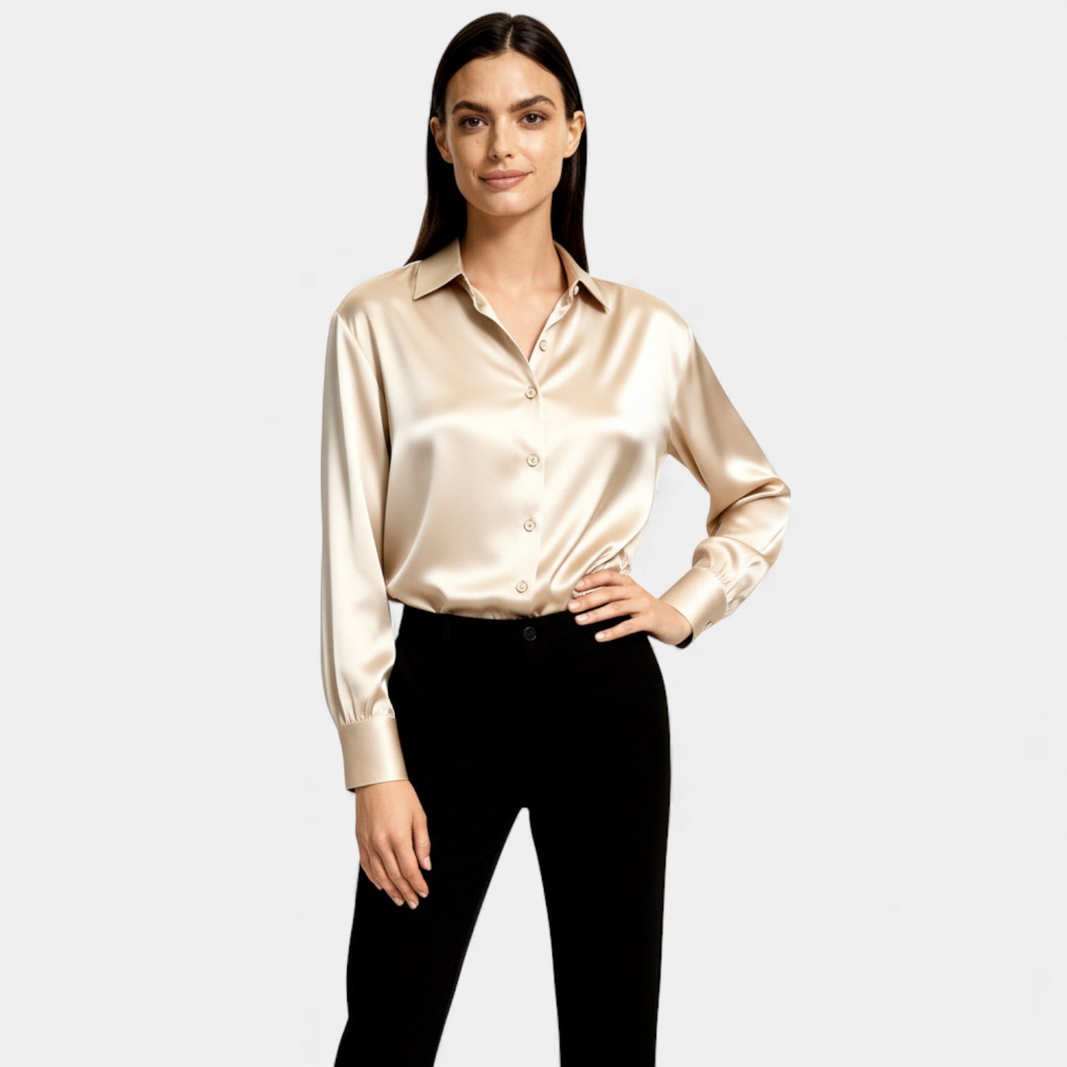 Women’s Satin Button-Up Blouse – Long Sleeve Silk-Feel Shirt