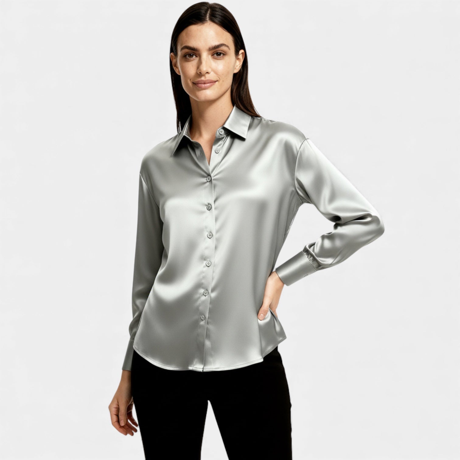 Women’s Satin Button-Up Blouse – Long Sleeve Silk-Feel Shirt