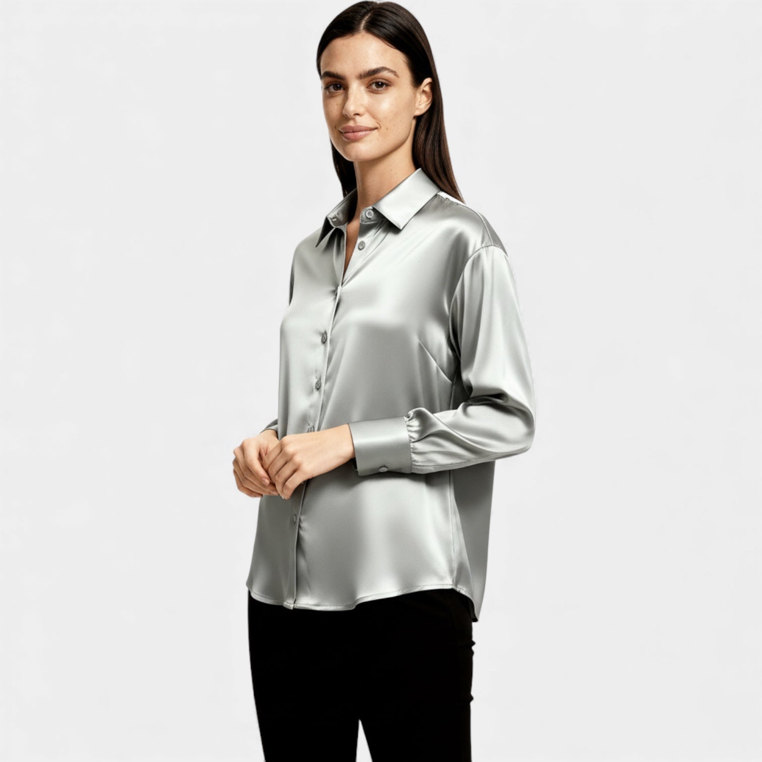 Women’s Satin Button-Up Blouse – Long Sleeve Silk-Feel Shirt