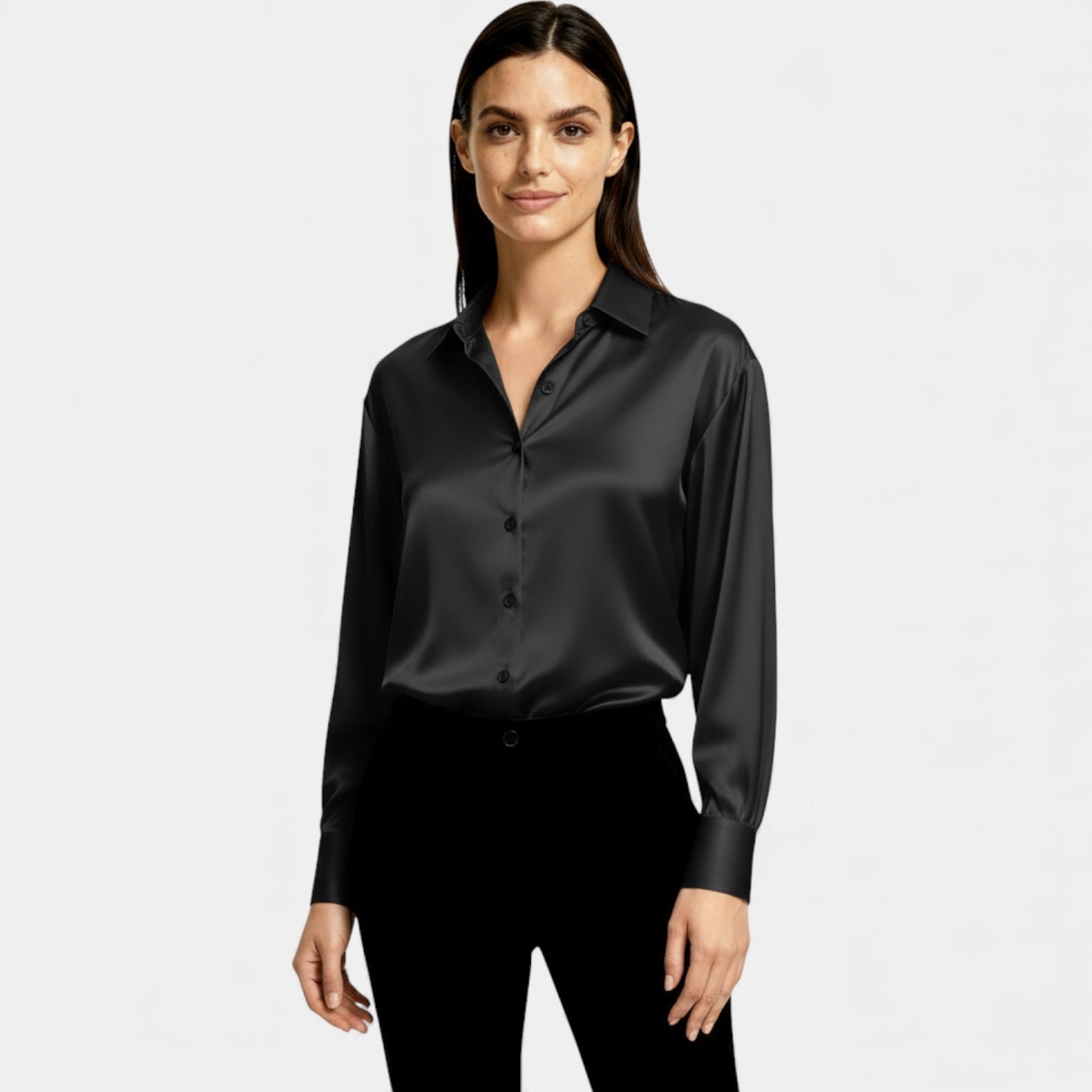 Women’s Satin Button-Up Blouse – Long Sleeve Silk-Feel Shirt