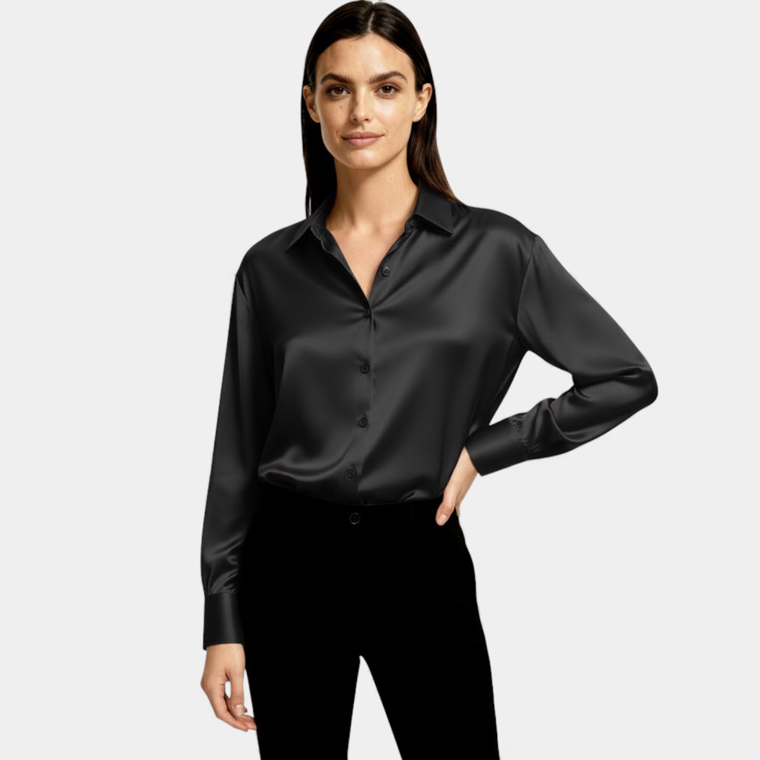 Women’s Satin Button-Up Blouse – Long Sleeve Silk-Feel Shirt